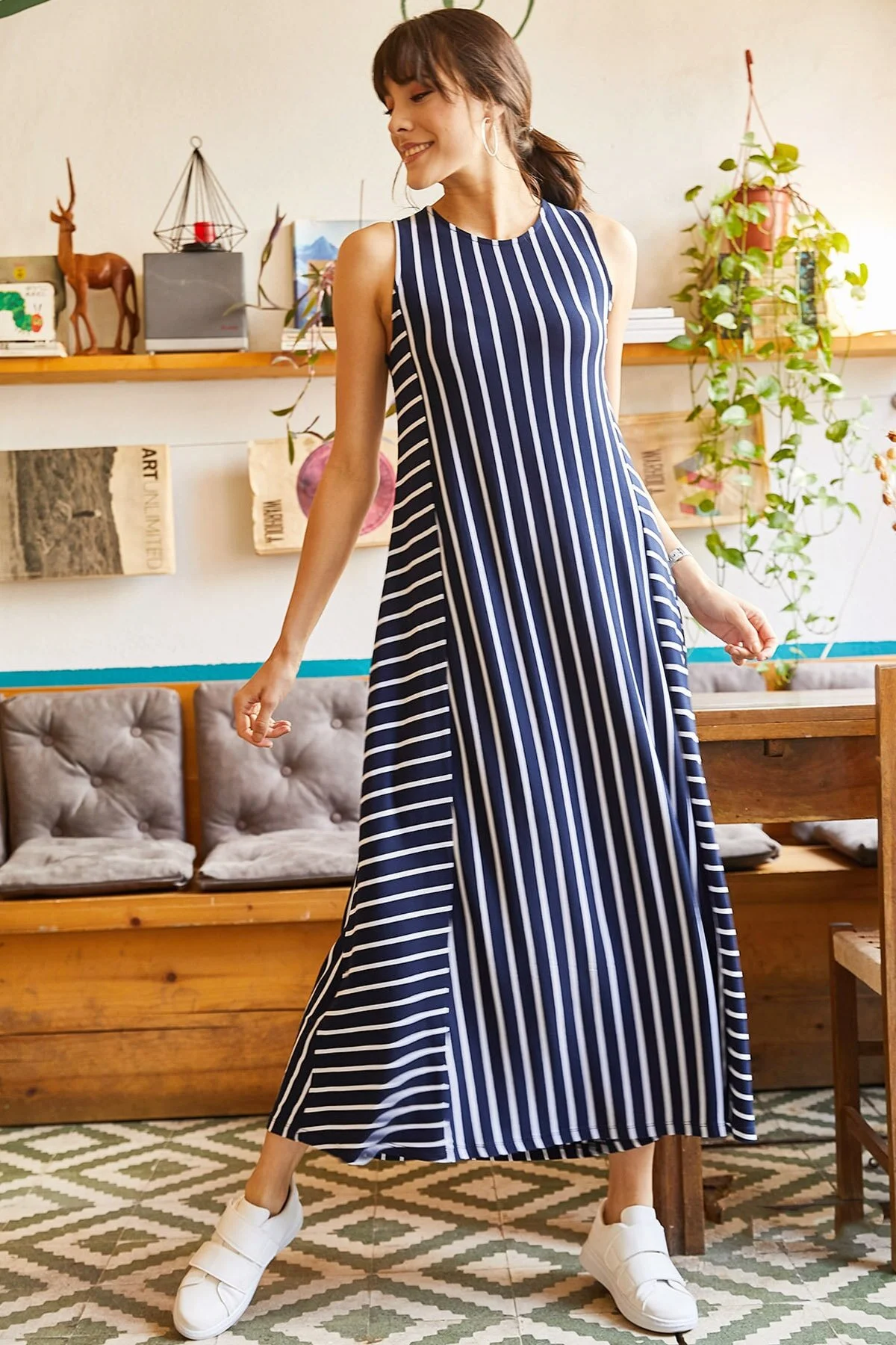 Olalook  Marineblau gestreiftes langes Freizeitkleid für Damen ELB-19001075