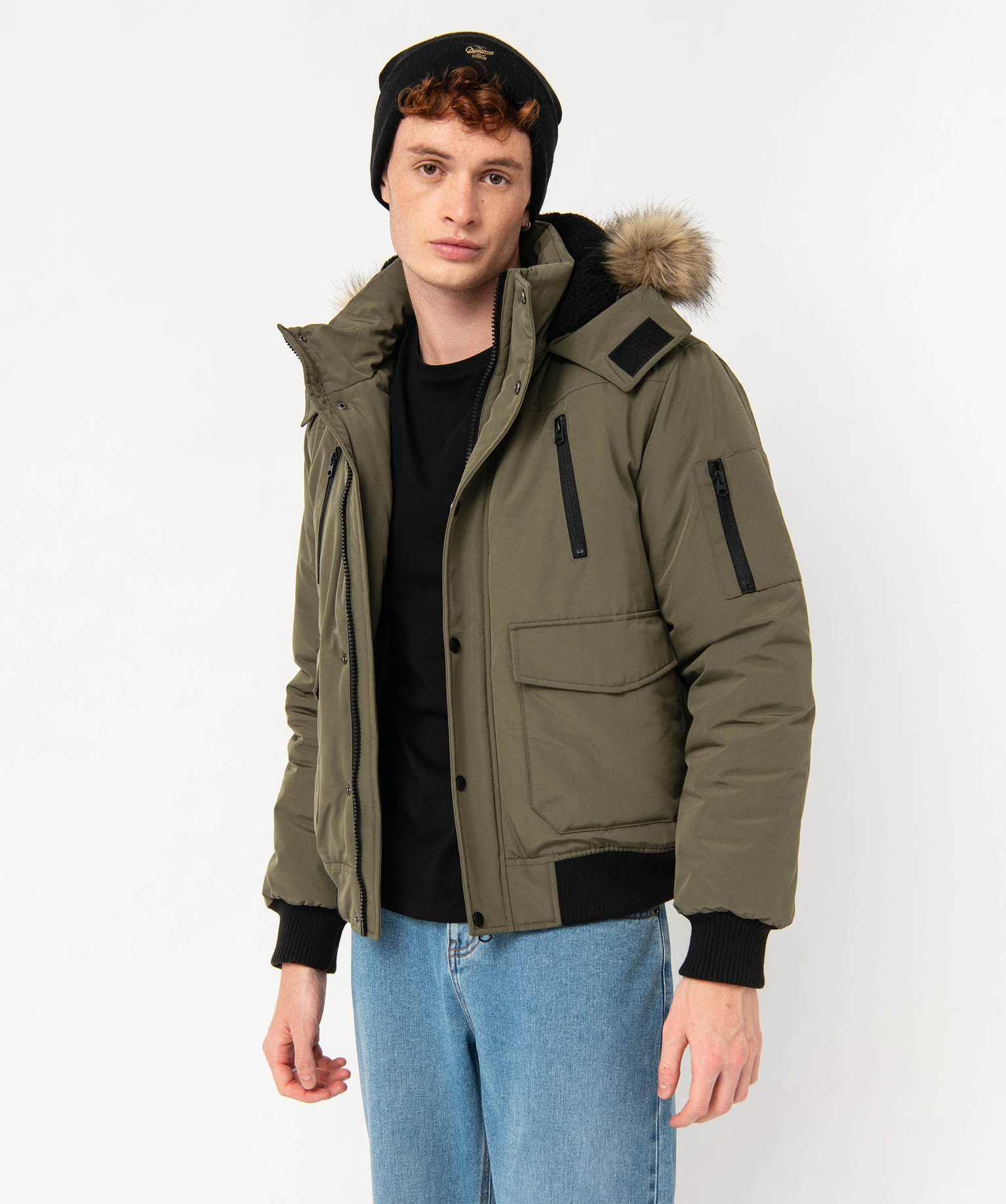 Blouson matelassé à capuche bordée de fourrure imitation ... kaki | GEMO