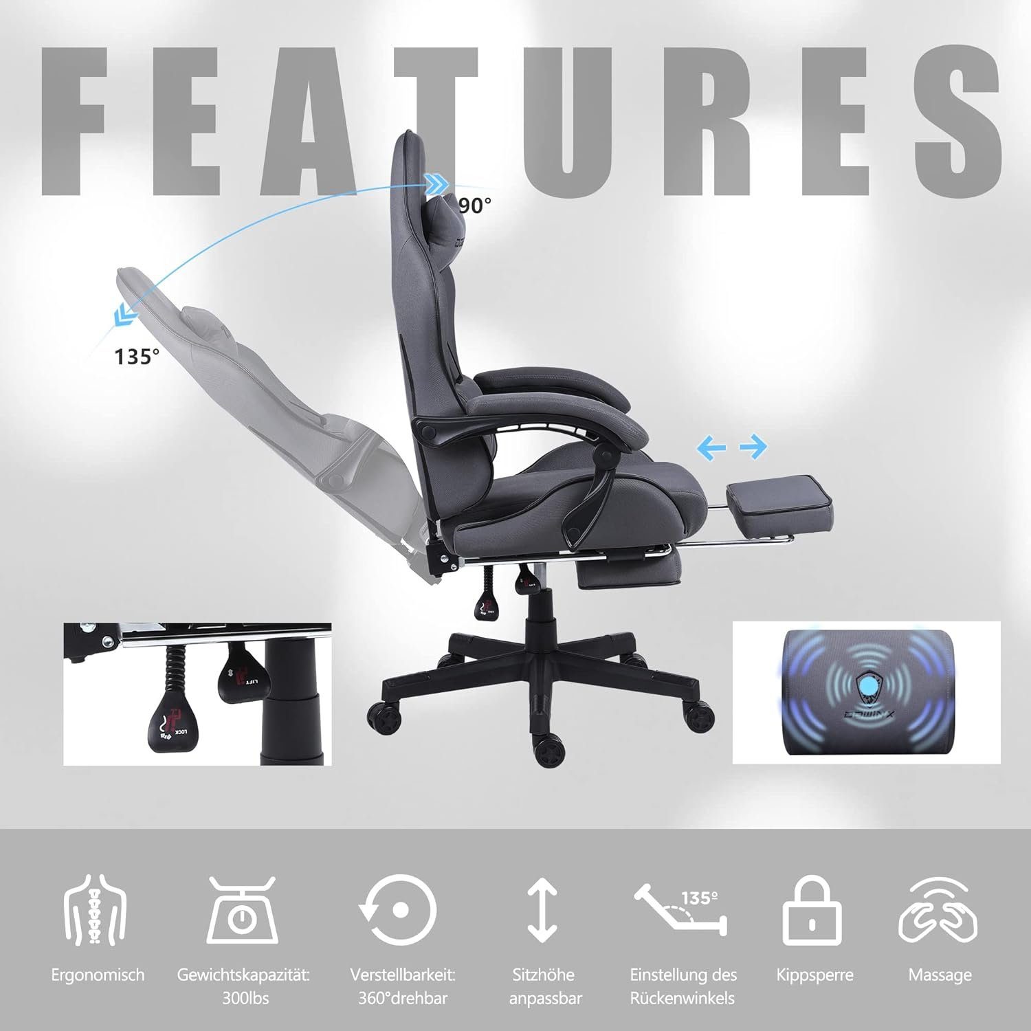 Dowinx Gaming-Stuhl Gaming Stuhl Bürostuhl Ergonomisch, Lendenkissen verstellbar (150 kg Belastbar, Zockerstuhl, Zocker, Sessel Gaming, 1 St), Pc Sessel, Computerstuhl, Computer Stuhl, Zockersessel