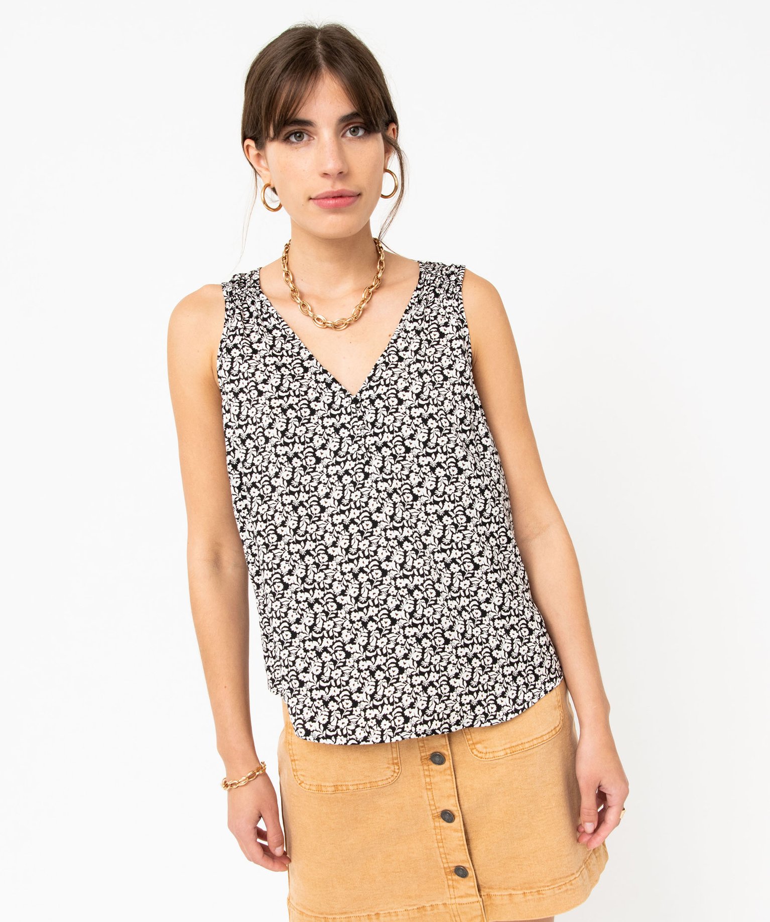 Blouse femme imprimée sans manches avec col V boutonné noir | GEMO