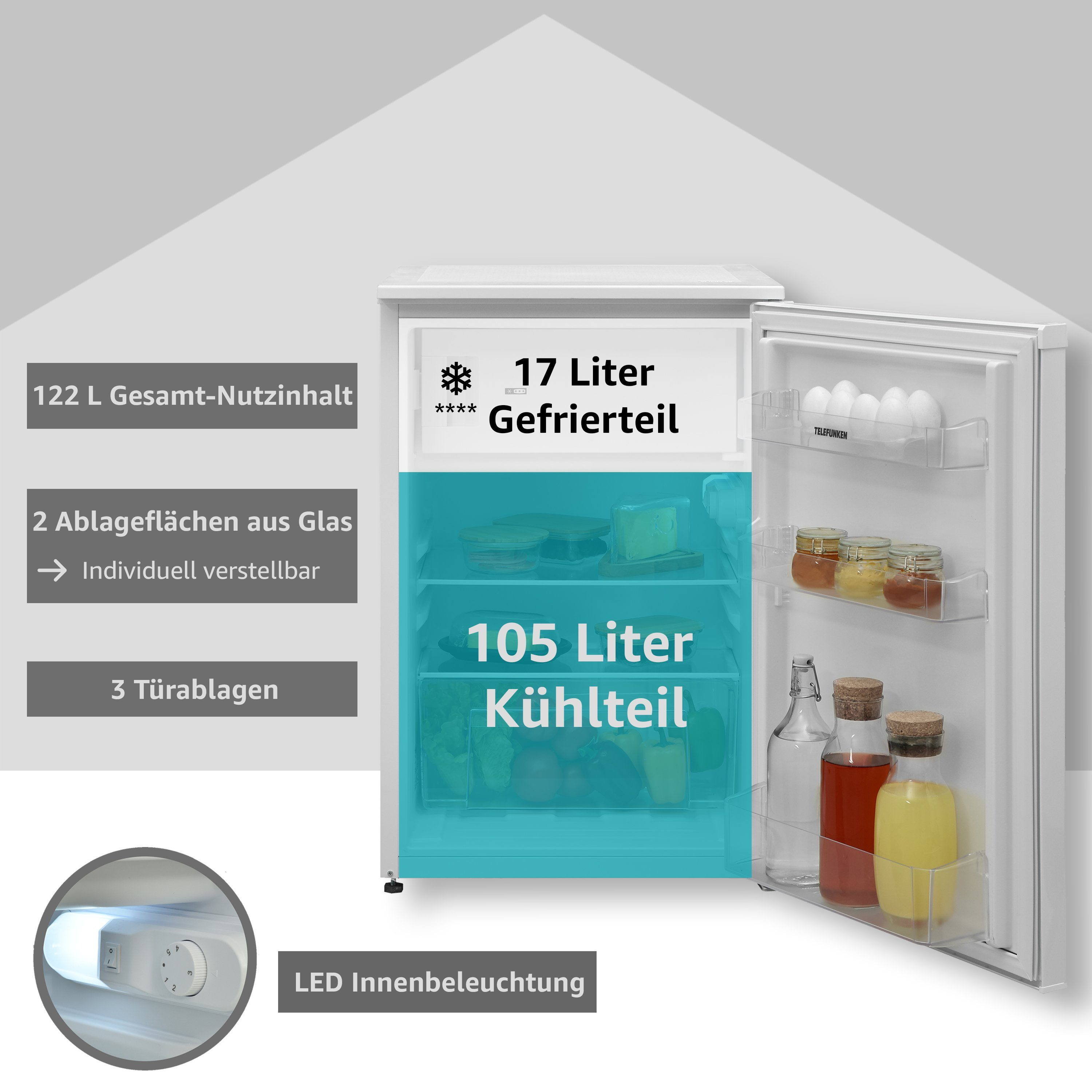Telefunken Kühlschrank CF-35-130-W, 83.8 cm hoch, 54 cm breit, Mit 4-Sterne-Gefrierfach / 105 L Kühlteil / 17 L Gefrierteil