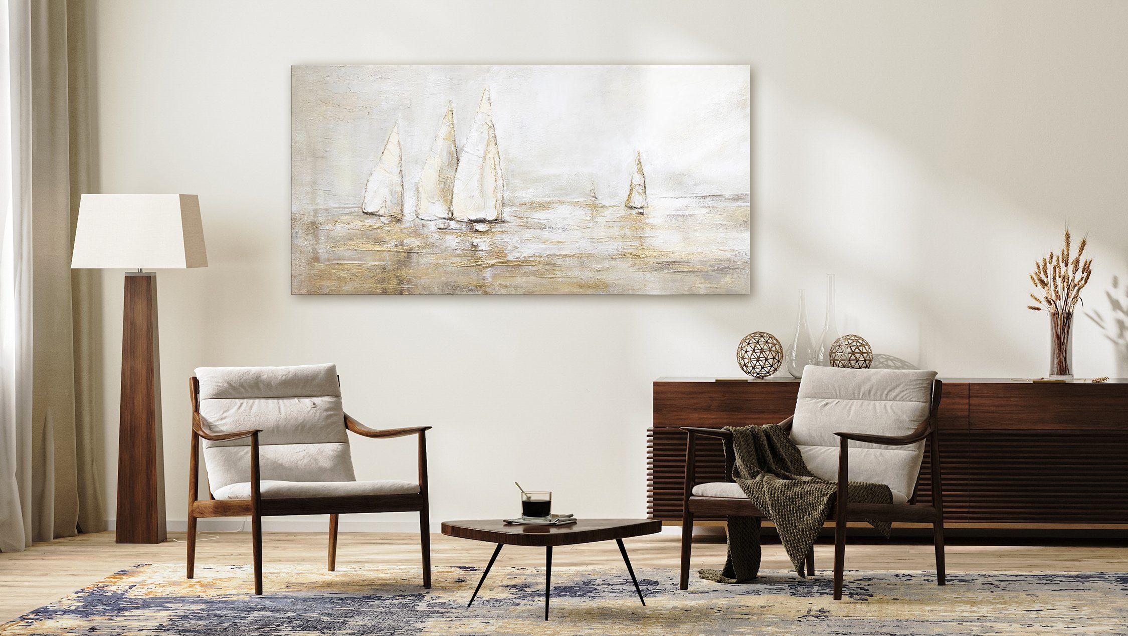 YS-Art Gemälde Sonnenblendung, Landschaftsbilder, Gold Segelboote Meer Wasser Leinwand Bild Handgemalt