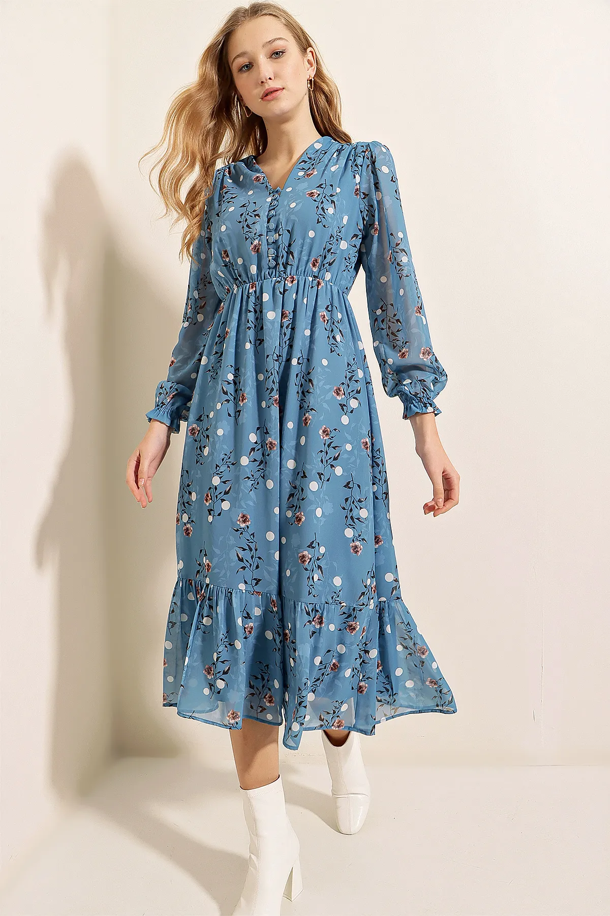 Bigdart  2137 Gemustertes Chiffonkleid – Blau