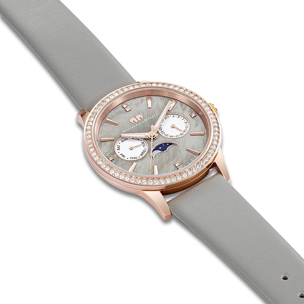 Rhodenwald & Söhne Multifonctions Amidala Or rose Cuir véritable en Gris Montre