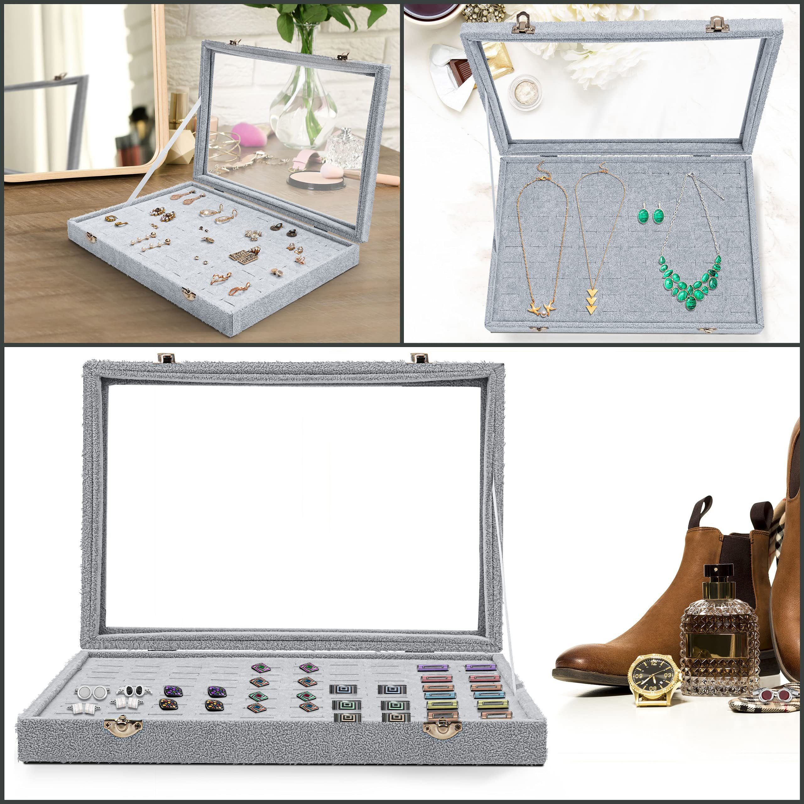 Belle Vous Schmuckständer Graue Schmuckaufbewahrungsbox: Ringbox mit 100 Fächern & Glasdeckel, Jewelry Storage Box: Gray Ring Box with 100 Compartments & Glass Lid