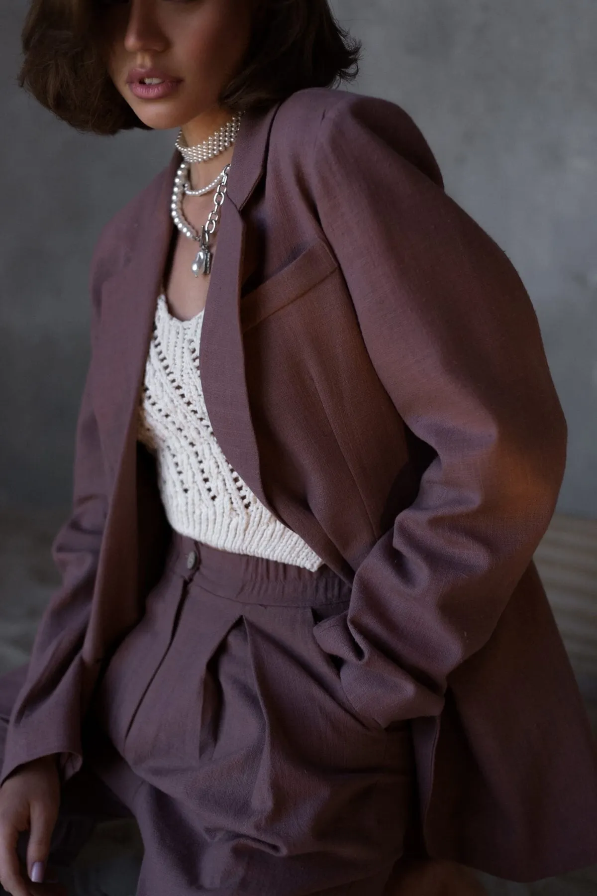 BOHEMAİ  Braunes Ponte-Leinen-Blazer-Jacken-Set