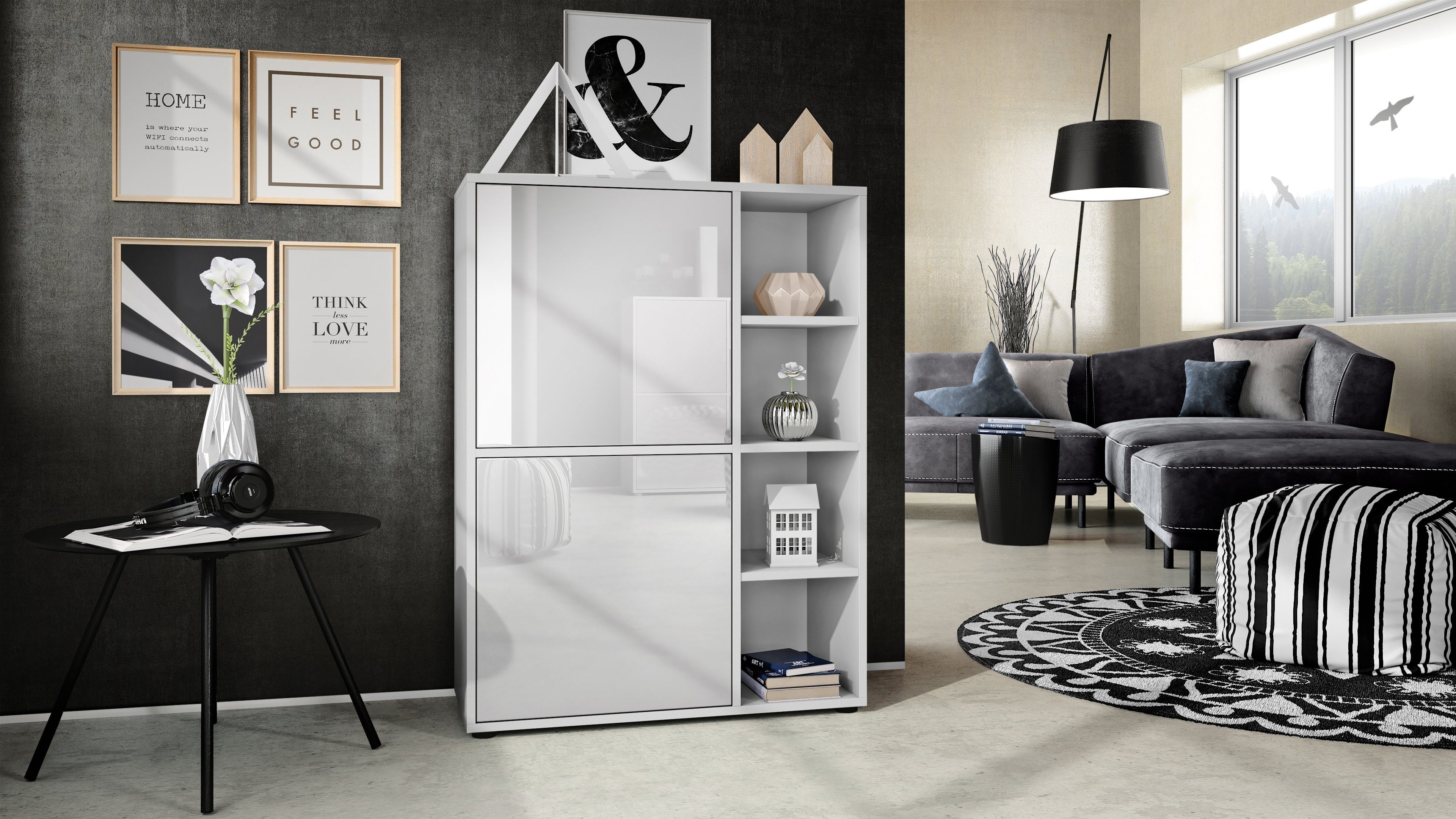 Vladon Highboard Cuba (Anrichte, mit 2 Türen und 4 offene Fächer), Weiß matt/Weiß Hochglanz (79 x 105,5 x 35,5 cm)