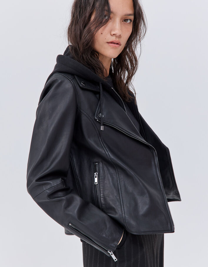 Veste en cuir noir esprit motard dos clouté Femme