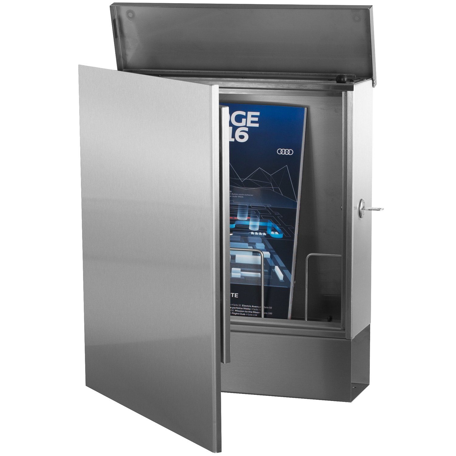 MOCAVI Briefkasten MOCAVI Box 111 VA Premium Edelstahl-Briefkasten mit Zeitungsfach in Edelstahl V2A Wandbriefkasten, integriert; passender Verschluss (zusätzlich bestellbar) für Wetterseite, beidseitig nutzbar: Box Vers 1 VA