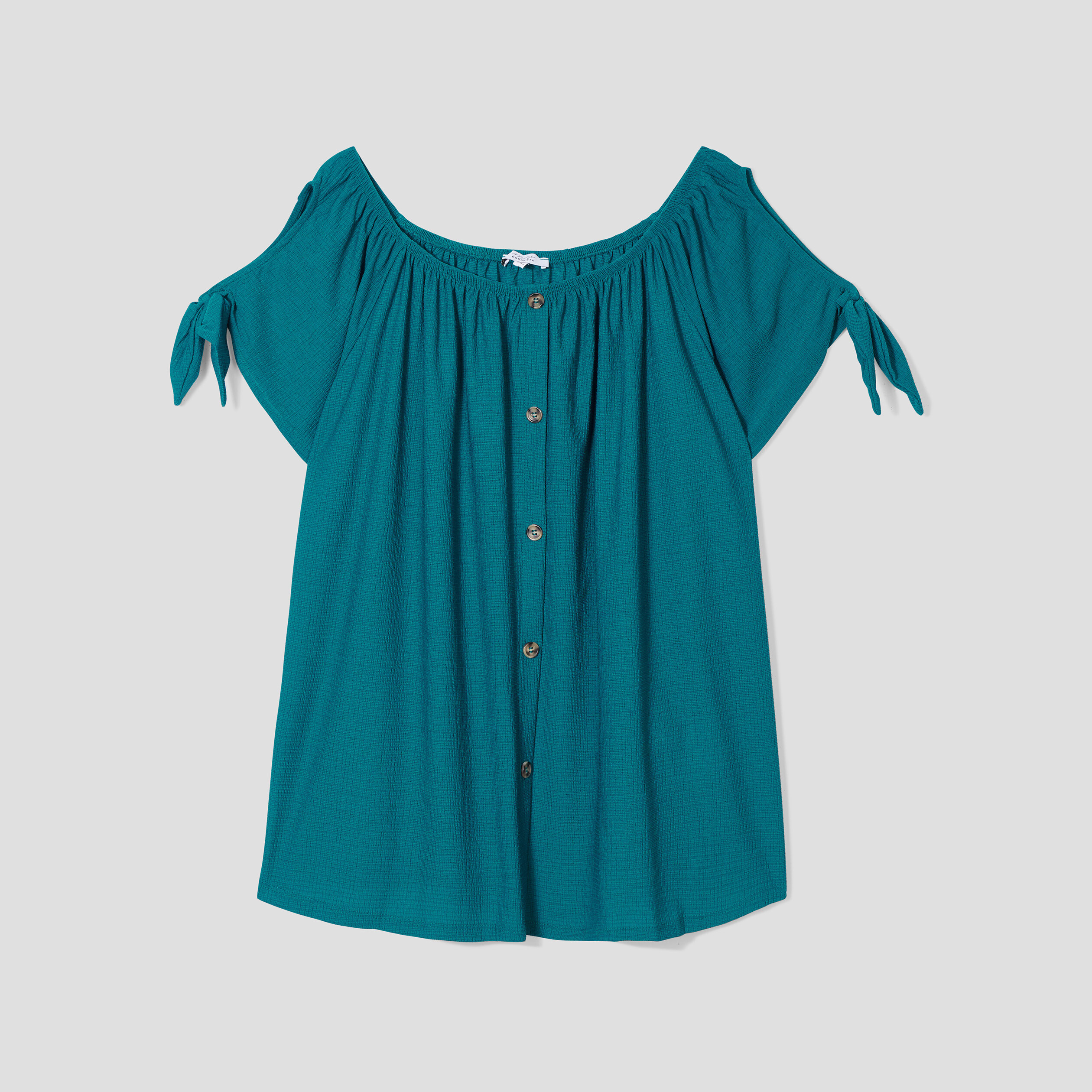 T-shirt col bardot manches noeuds bleu canard femme grande taille | La Halle