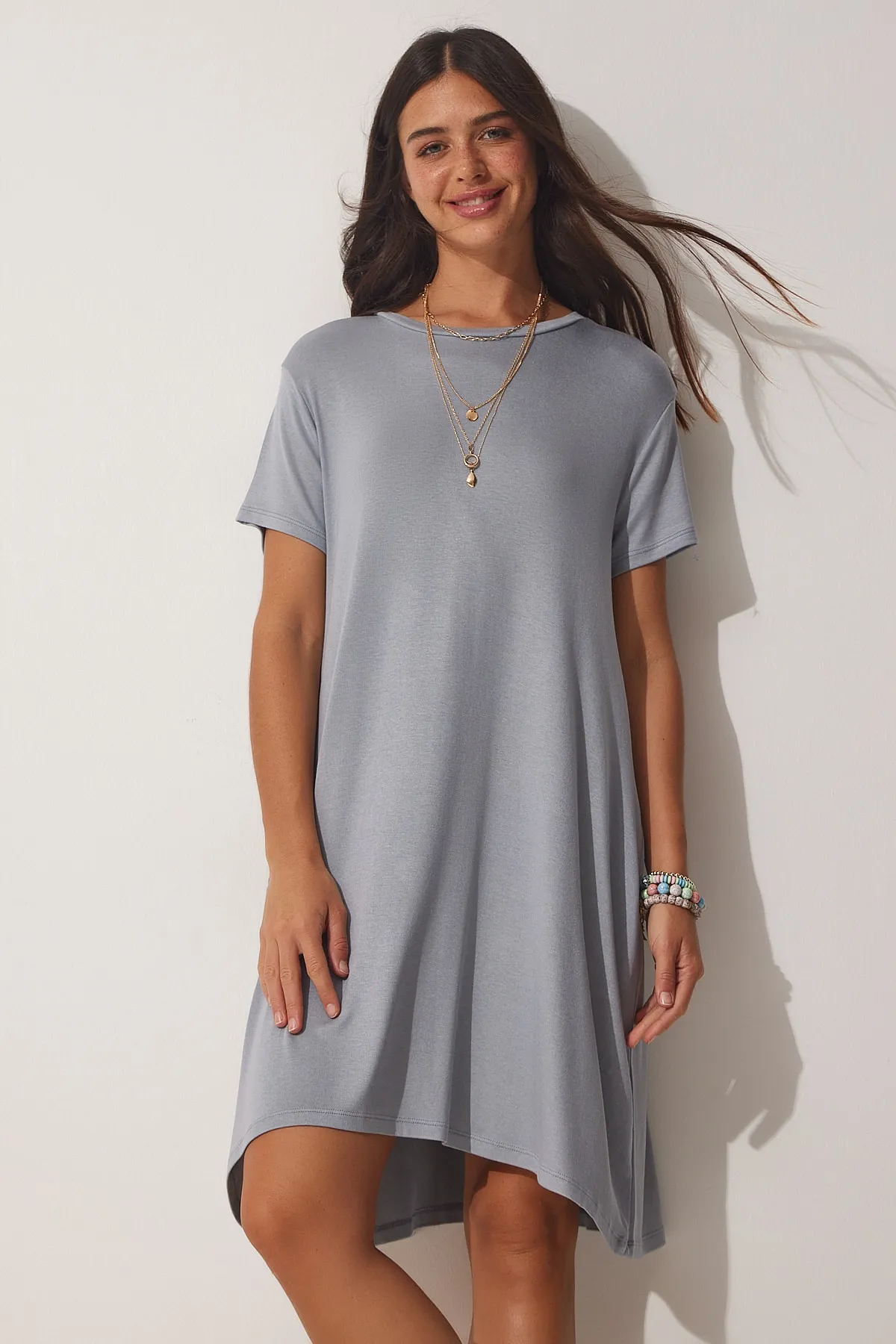 Happiness İstanbul  Steingraues A-Linien-Sommerkleid für Damen aus gekämmter Baumwolle UB00088