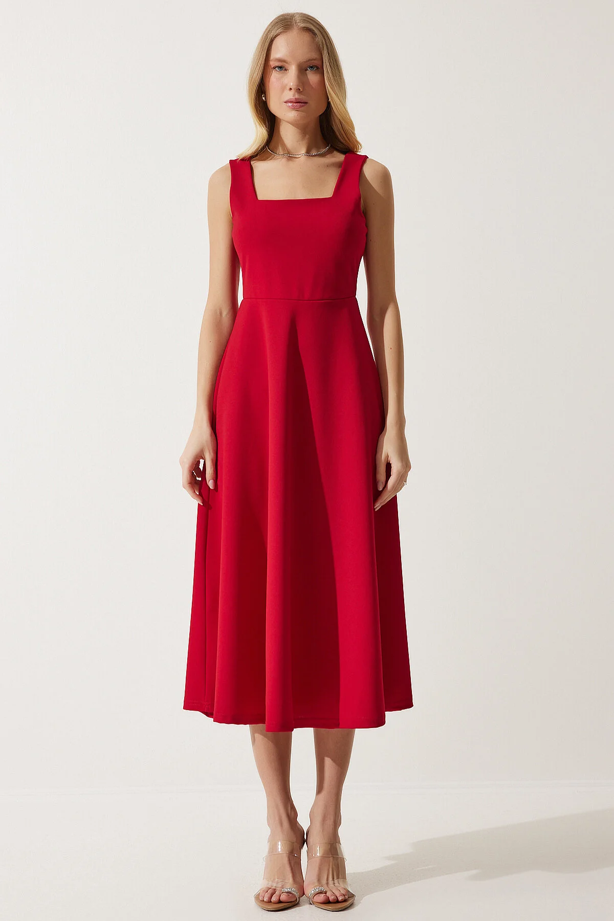 Happiness İstanbul  Rotes A-Linien-Kleid mit quadratischem Kragen für Damen DK00169