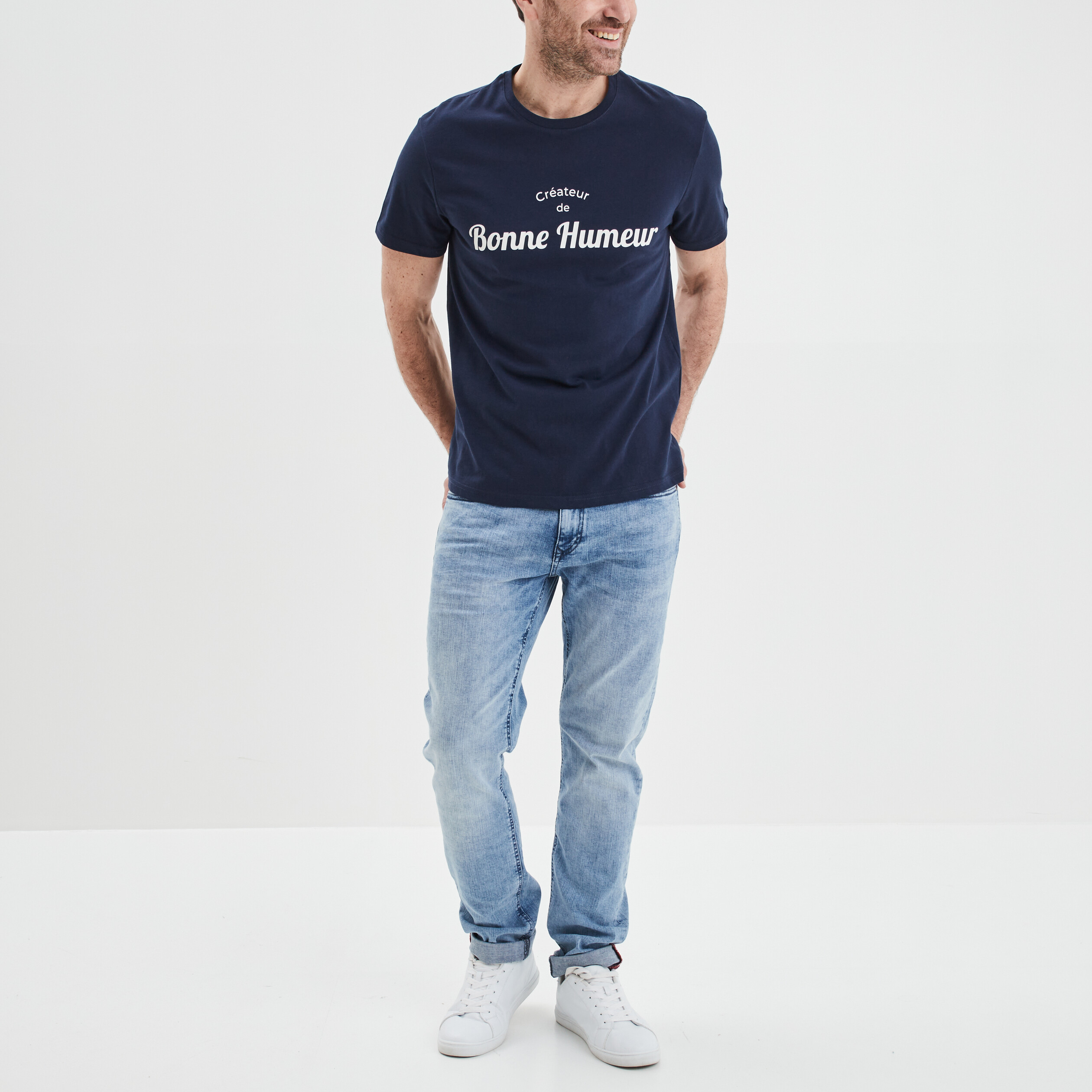 T-shirt col rond manches courtes coton bleu marine homme | La Halle