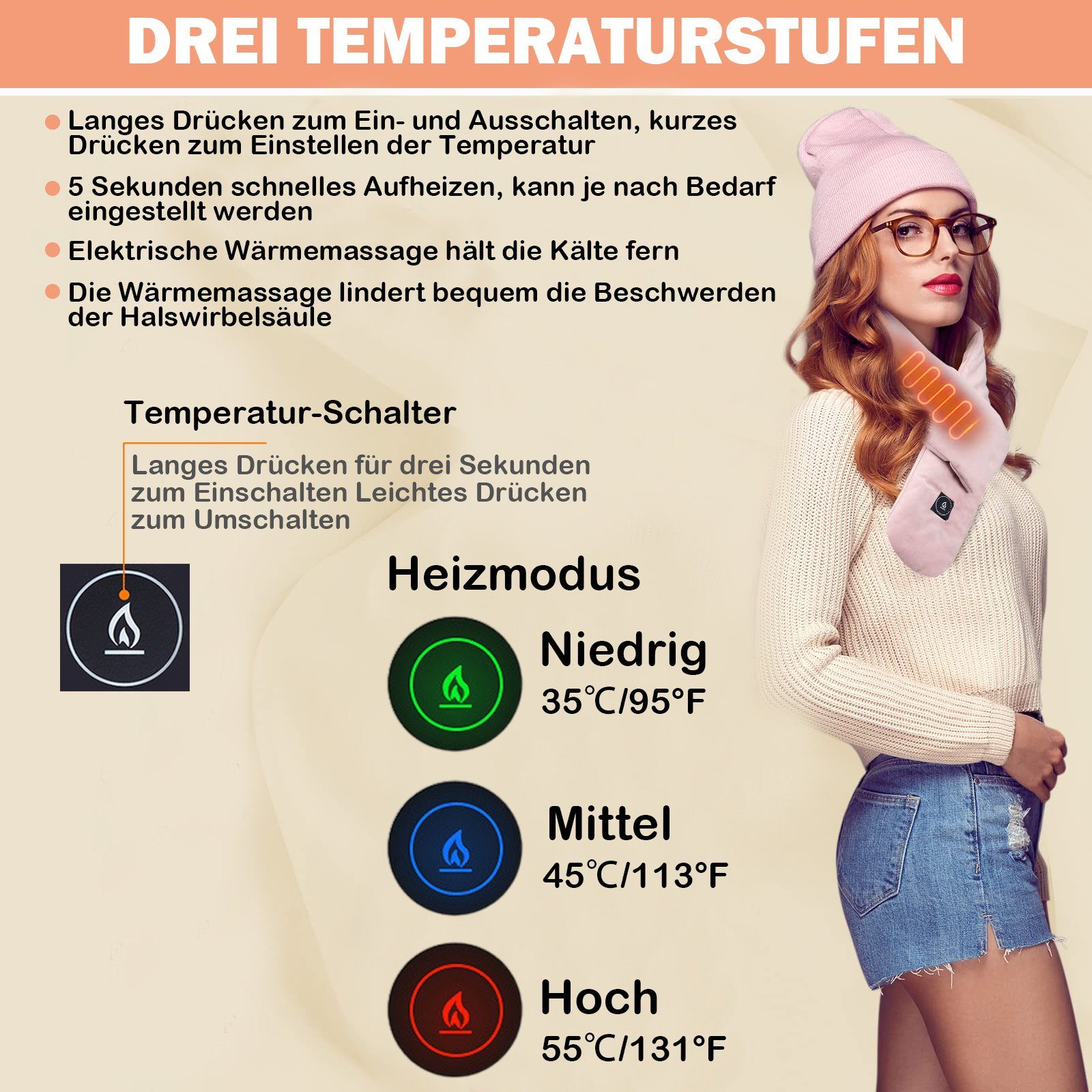 Sunicol Beheizter Schlauchschal Beheizter Schal, USB Aufladung Elektrischer Nackenwärmer, Massagegerät, Intelligente Heizung Nackenschutz Heizschal, Wärmekissen, 3 Temperatur