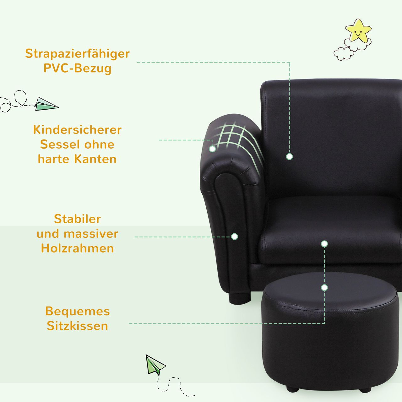 HOMCOM Kindersessel mit Fußhocker Kindercouch Kindersofa Minisofa Schwarz