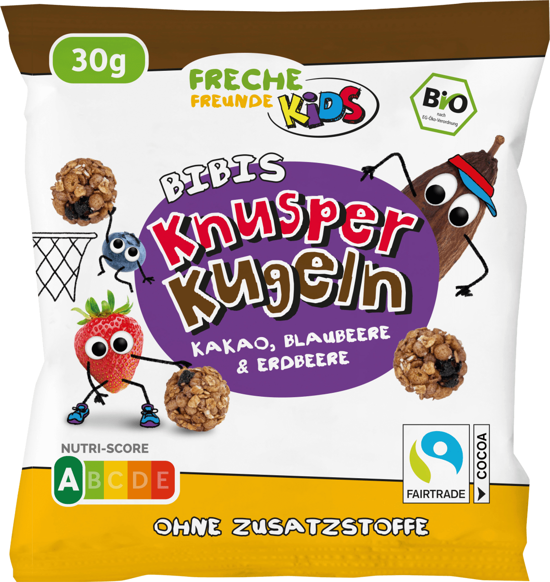 Kindersnack Knusperkugeln Kakao, Blaubeere & Erdbeere, ab 3 Jahren, 30 g