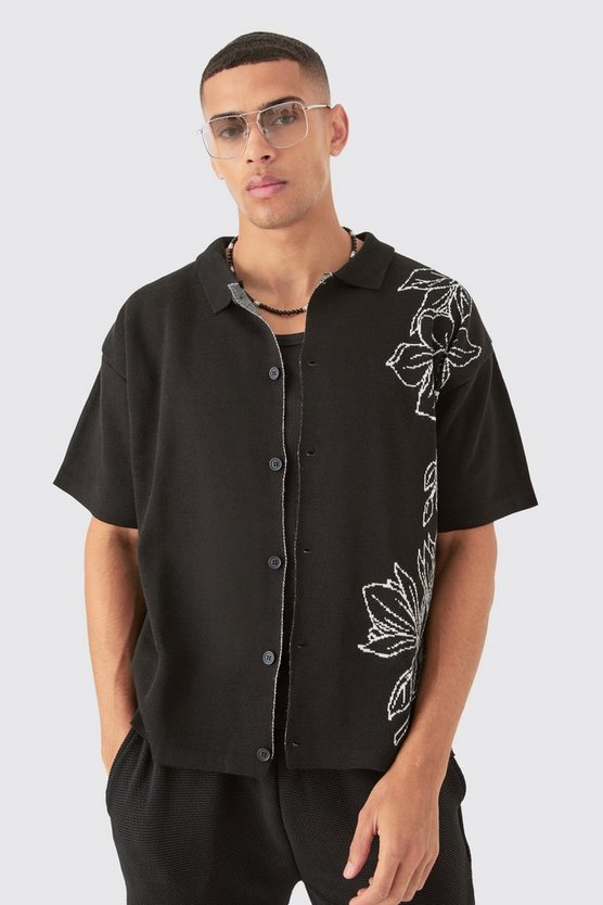 Kastiges florales Jacquard-Hemd in Schwarz