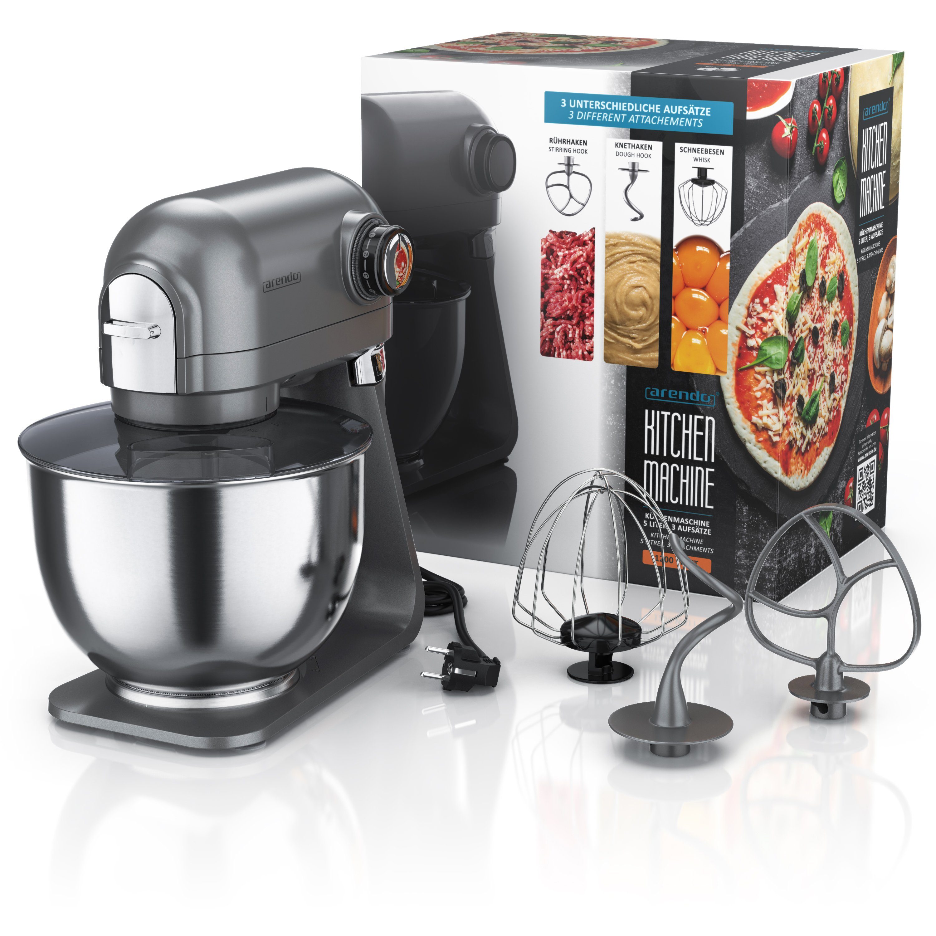 Arendo Küchenmaschine, 1200 W, Knetmaschine 5L, inkl. 3 Rührwerkzeuge, Rührmaschine mit 1200 W