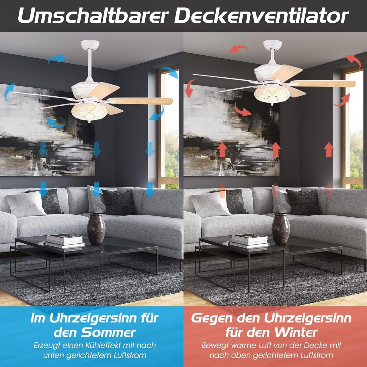 Costway Deckenventilator Mit Beleuchtung, 132cm Ceiling Fan Mit Fernbedienung