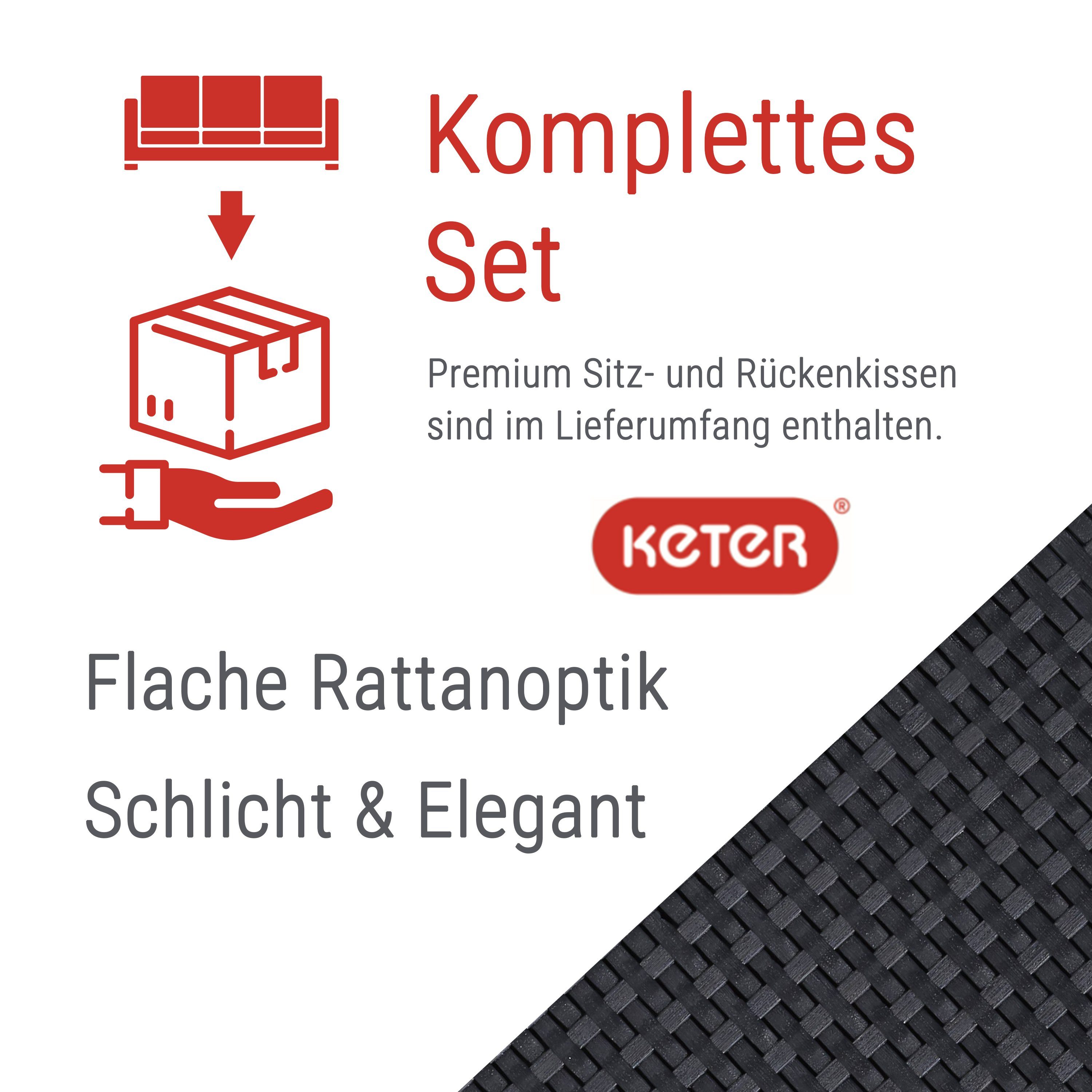 Keter Gartenlounge-Set Keter Provence 3-Sitzer Gartensofa Premium Panama anthrazit mit Kissen