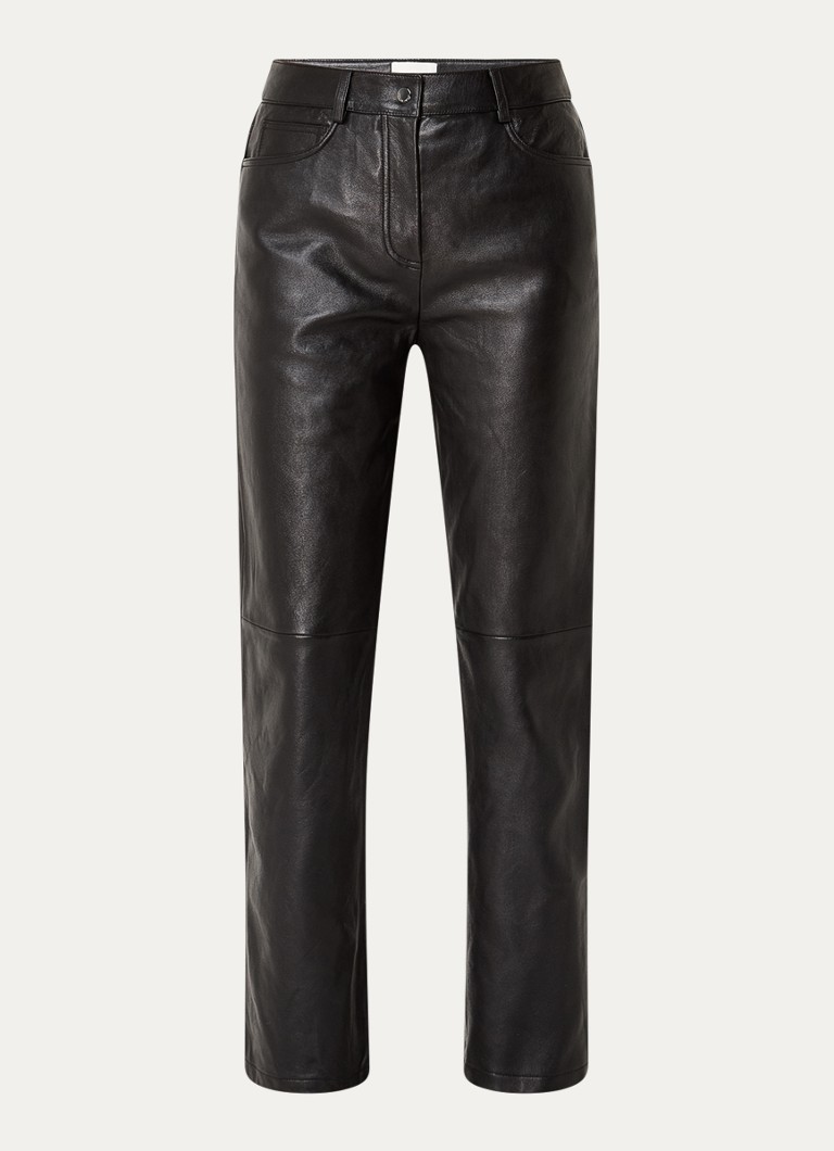 Calça Claudie Pierlot Coppernic de cintura alta, corte reto, em pele de cordeiro com bolsos laterais.