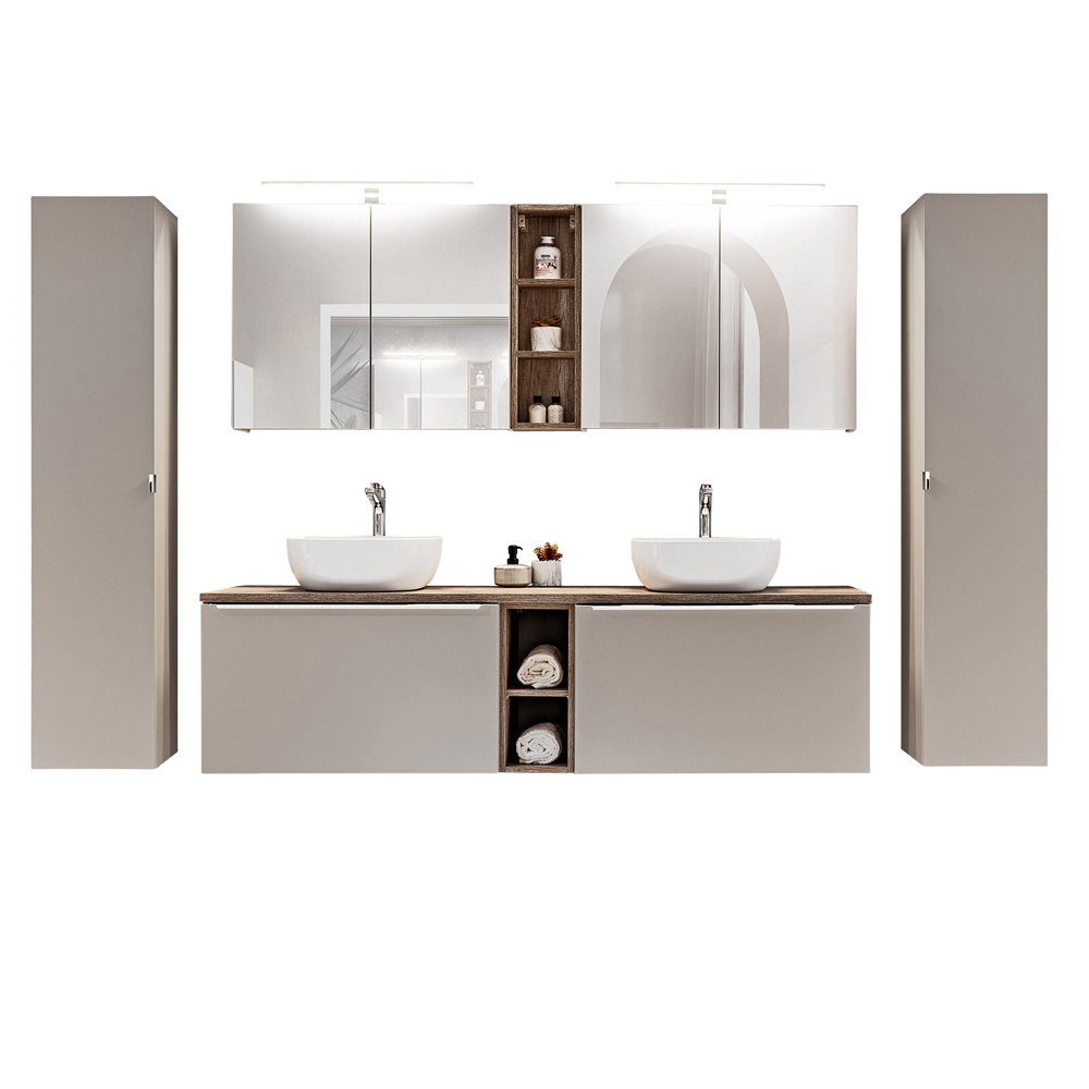 Lomadox Spiegelschrank PUEBLA-56-TAUPE 80cm mit LED in taupe mit Vintage Oak Nb. B/H/T ca. 80/65-75/17 cm