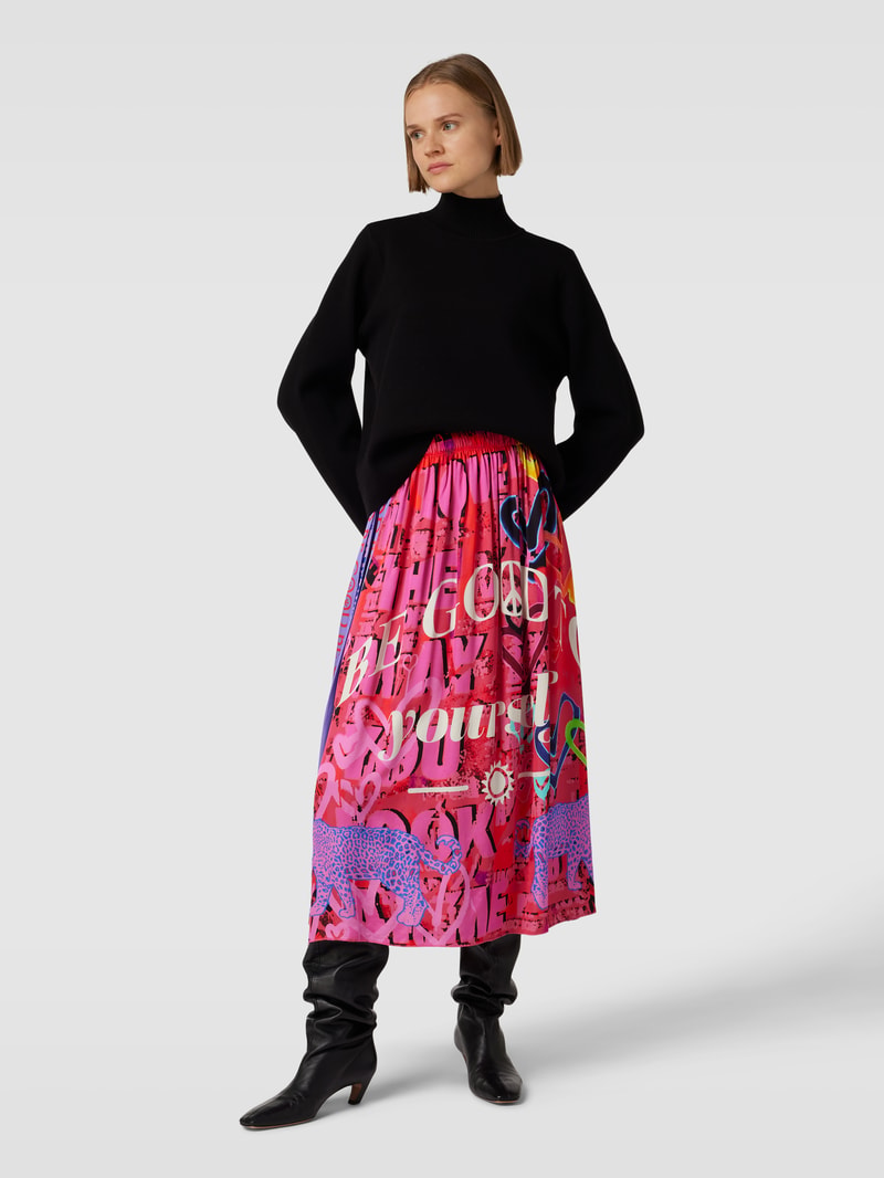 Midirock mit Allover-Print Modell 'BE GOOD TO YOURSELF' in blau