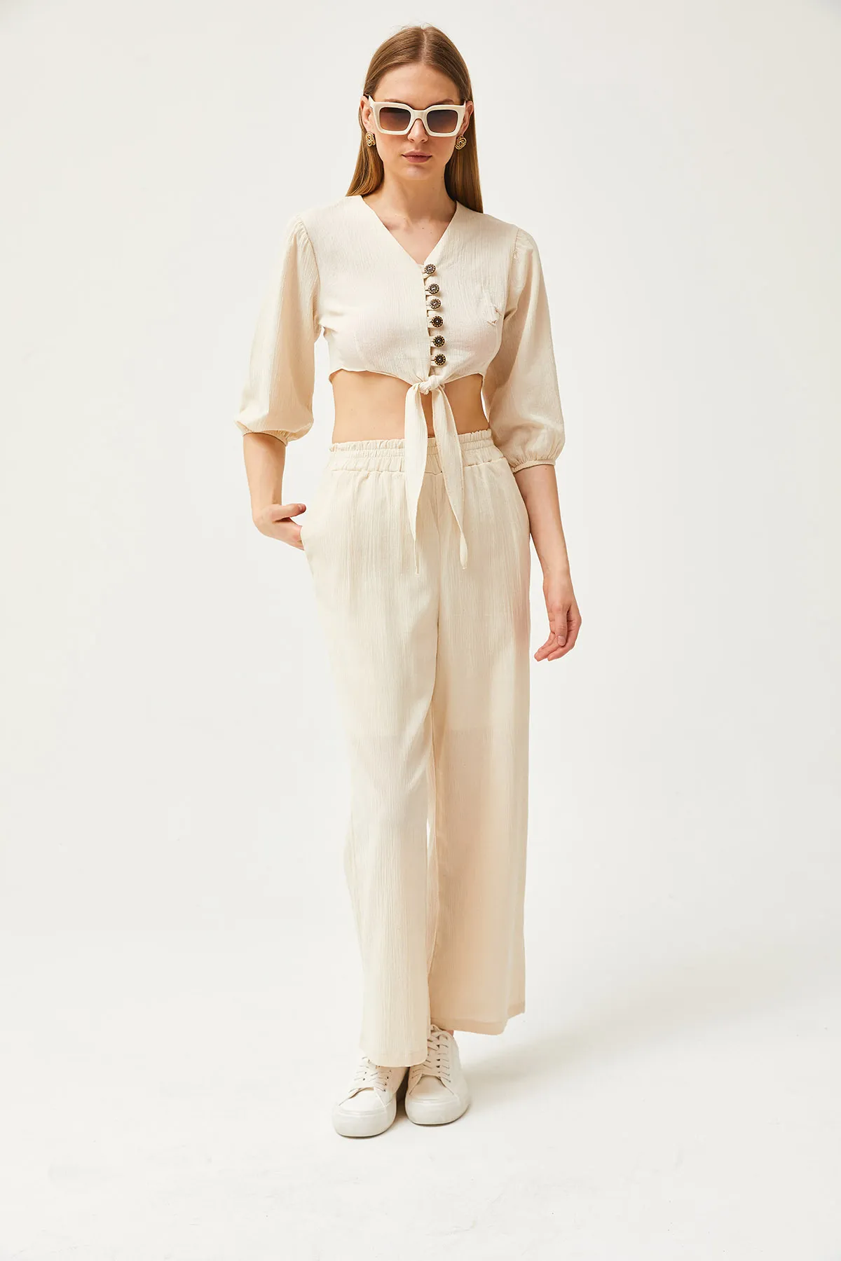 Olalook  Damen-Set mit Steinoberteil, geknöpfter Bluse und Hose mit unterer Tasche, Leinen-Set TKM-19000277