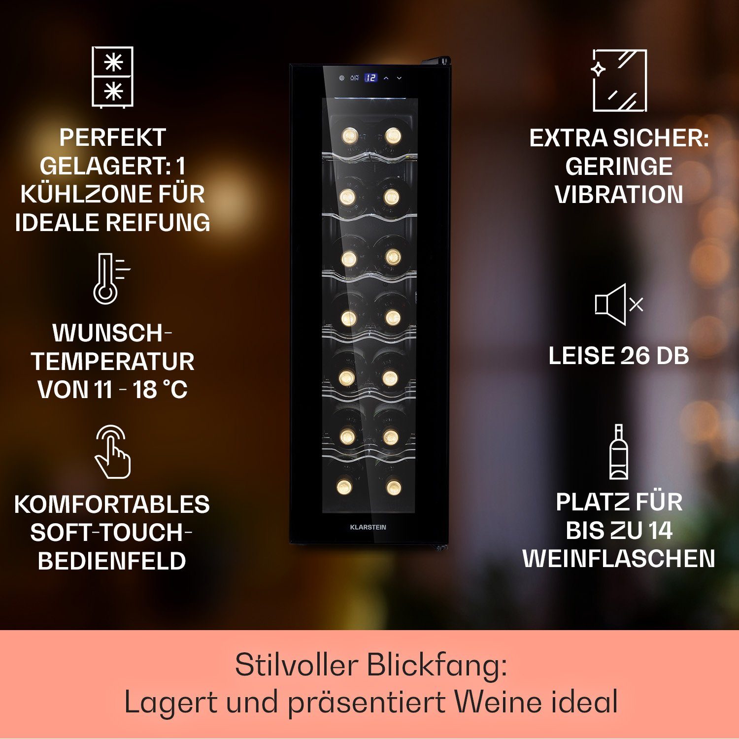 Klarstein Weinkühlschrank Barolo slim 14 Uno, für 14 Standardflaschen á 0,75l,Wein Flaschenkühlschrank Weintemperierschrank Weinschrank Kühlschrank