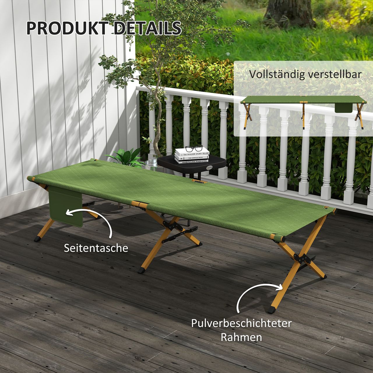 Outsunny Sonnenliege, Gartenliege, Klappbarer Liegestuhl mit Seitentache Grün