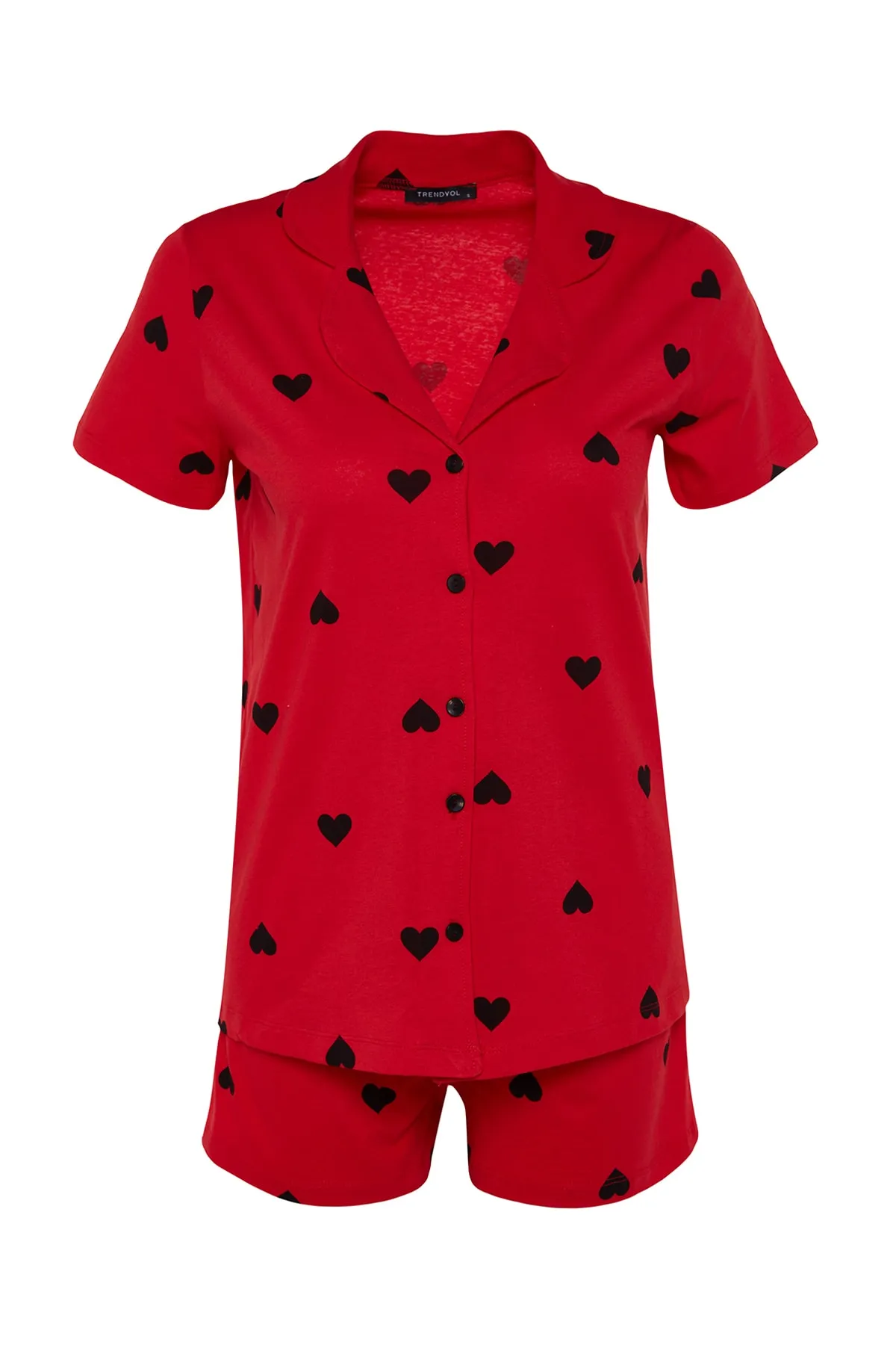 Trendyol Collection  Rotes, gestricktes Pyjama-Set mit Hemd und Shorts aus 100 % Baumwolle mit Herzmuster THMSS21PT0756