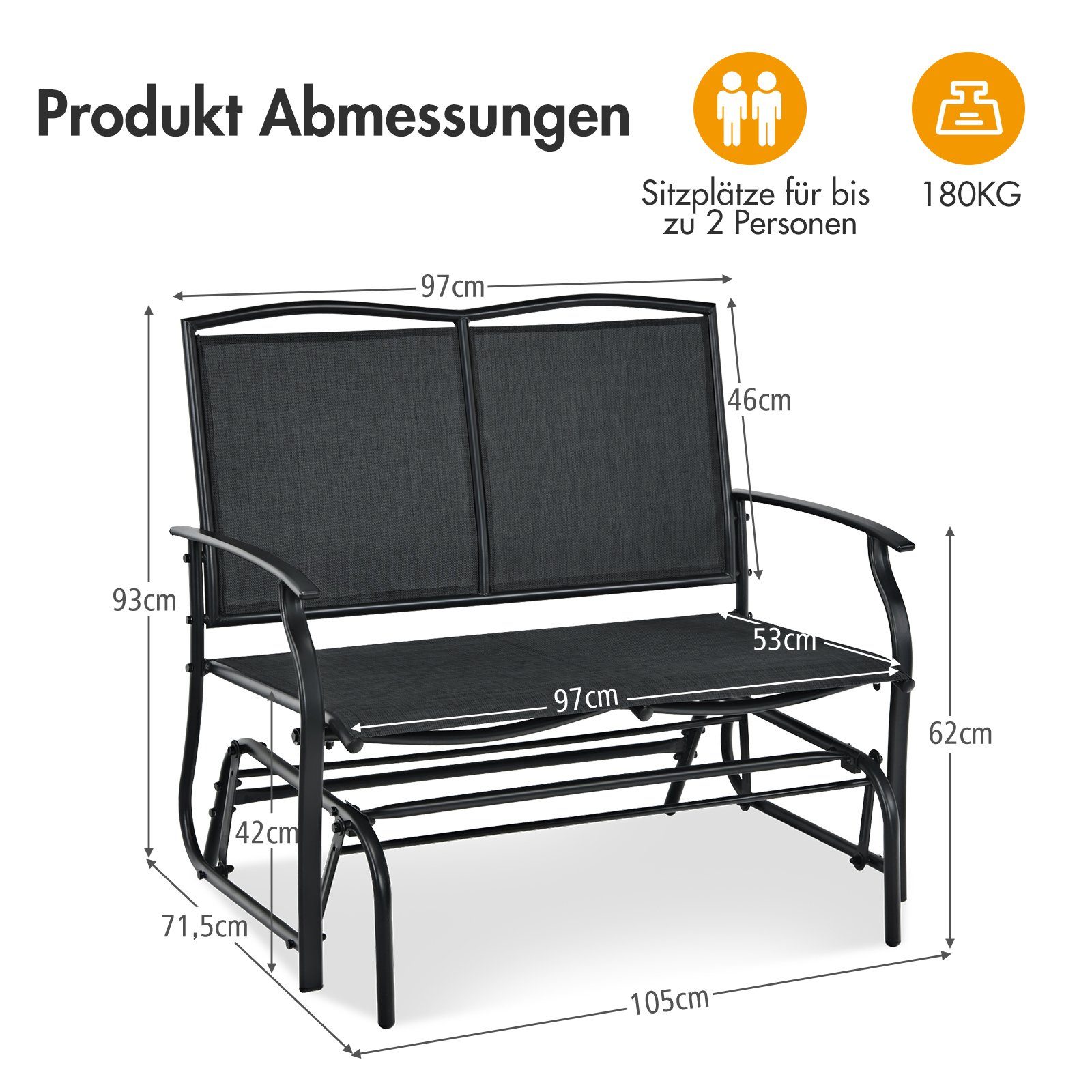 COSTWAY Gartenbank, 2-Sitzer Schaukelbank, bis 180kg, 105x71,5x93cm