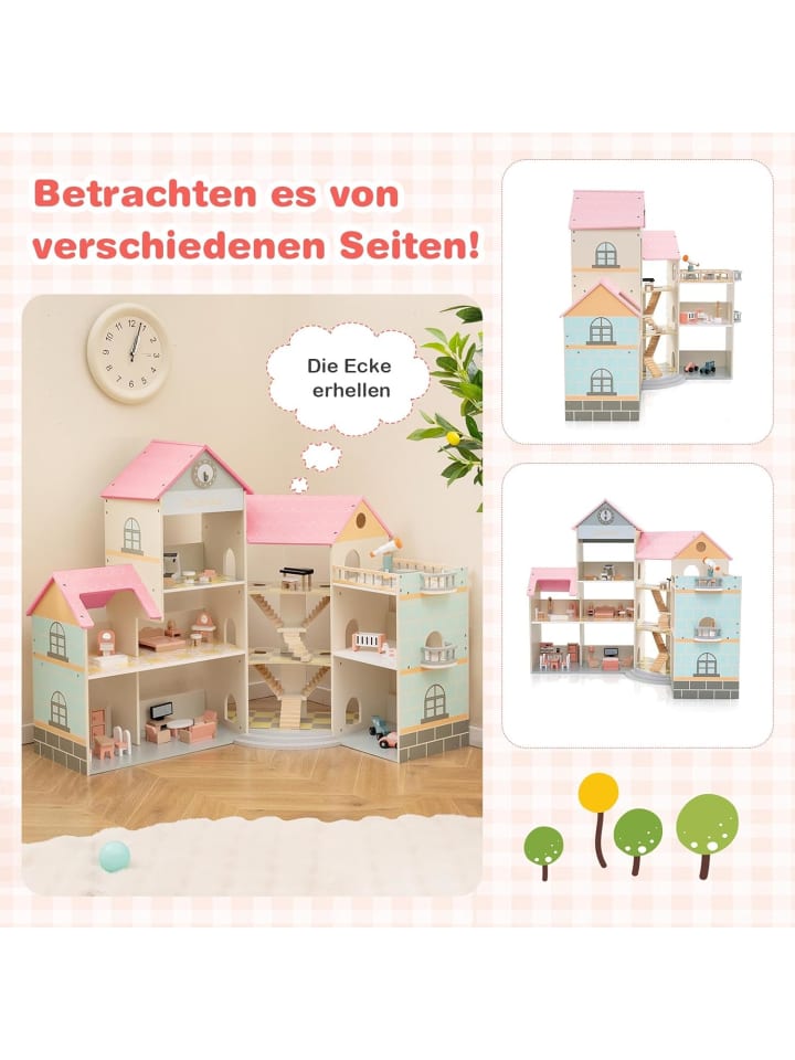 COSTWAY Puppenhaus Holz ab 3 Jahren in Rosa günstig kaufen onesize