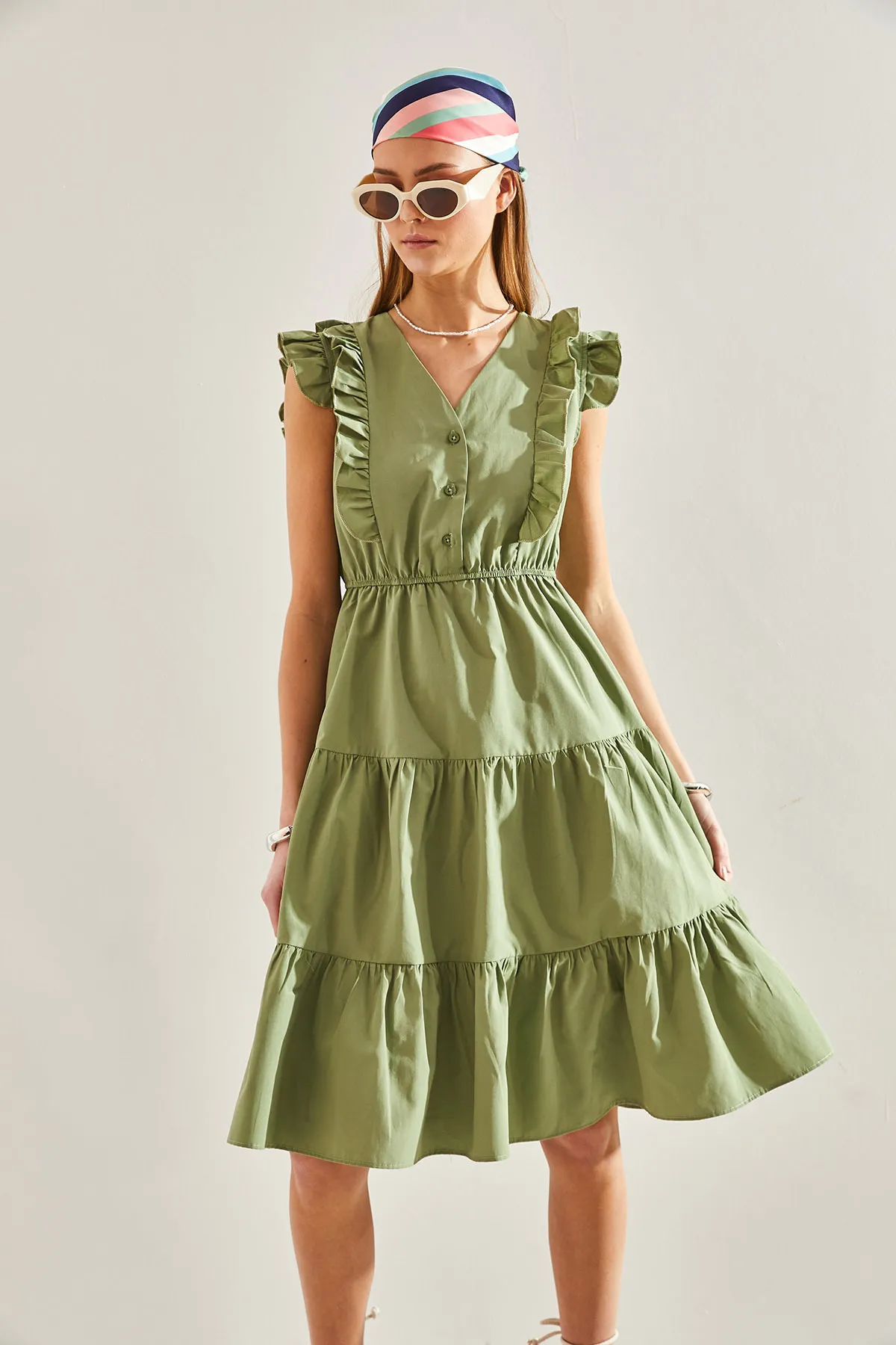 Bianco Lucci  Ausgestelltes Kleid mit Rüschen und elastischer Taille und Knöpfen für Damen