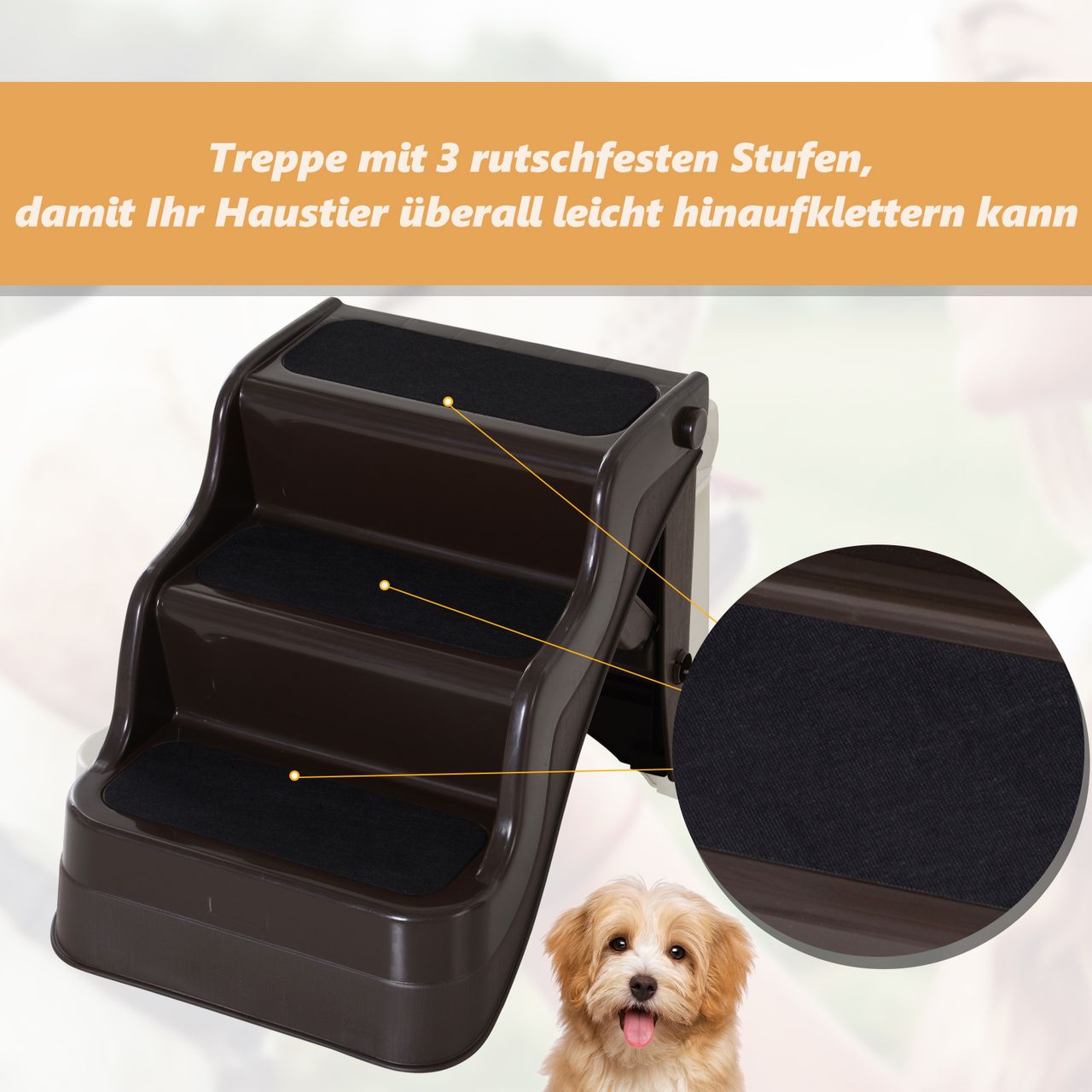 PawHut Hundetreppe Katzentreppe Haustiertreppe mit 3 Stufen klappbar, Kunststoff, Dunkelbraun, 39x49x39cm
