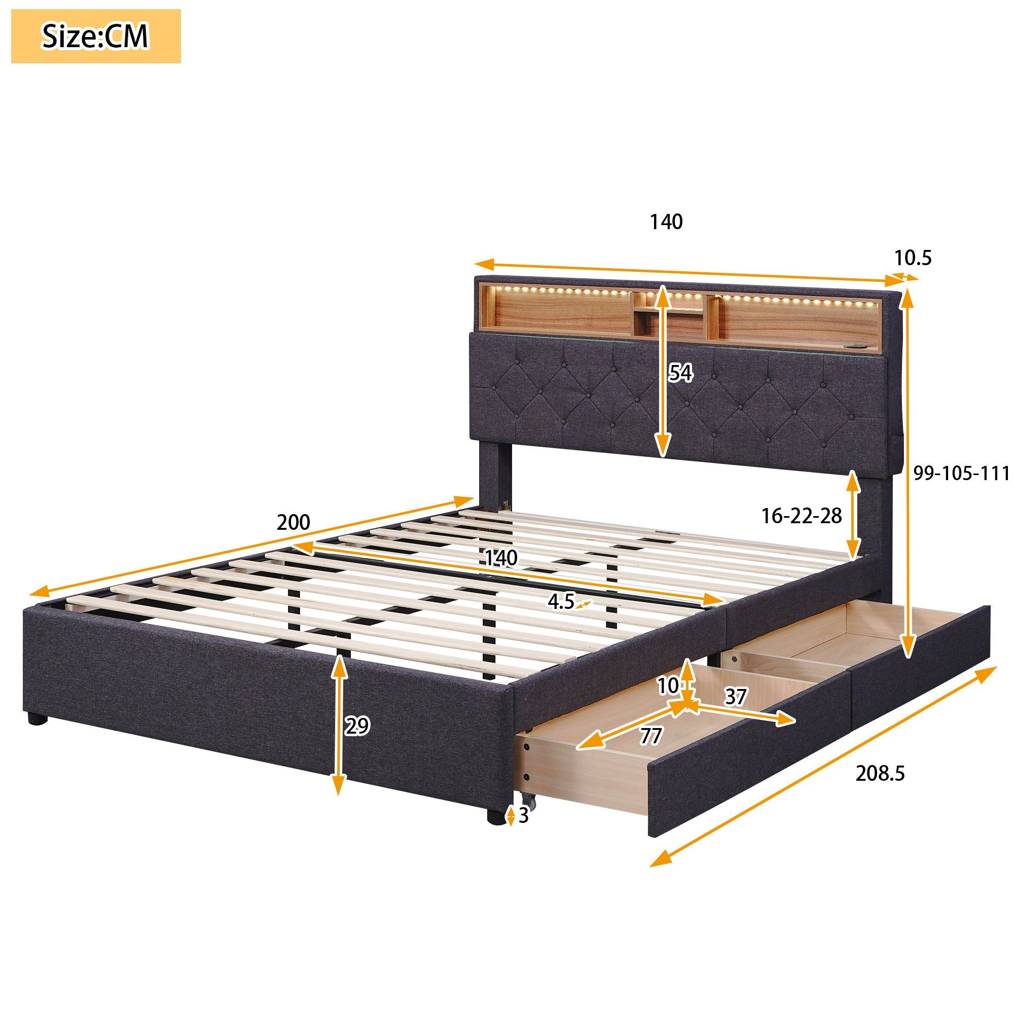 Flieks Polsterbett, LED Beleuchtung Doppelbett USB Steckdose 2 Schubladen 140x200cm Leinen
