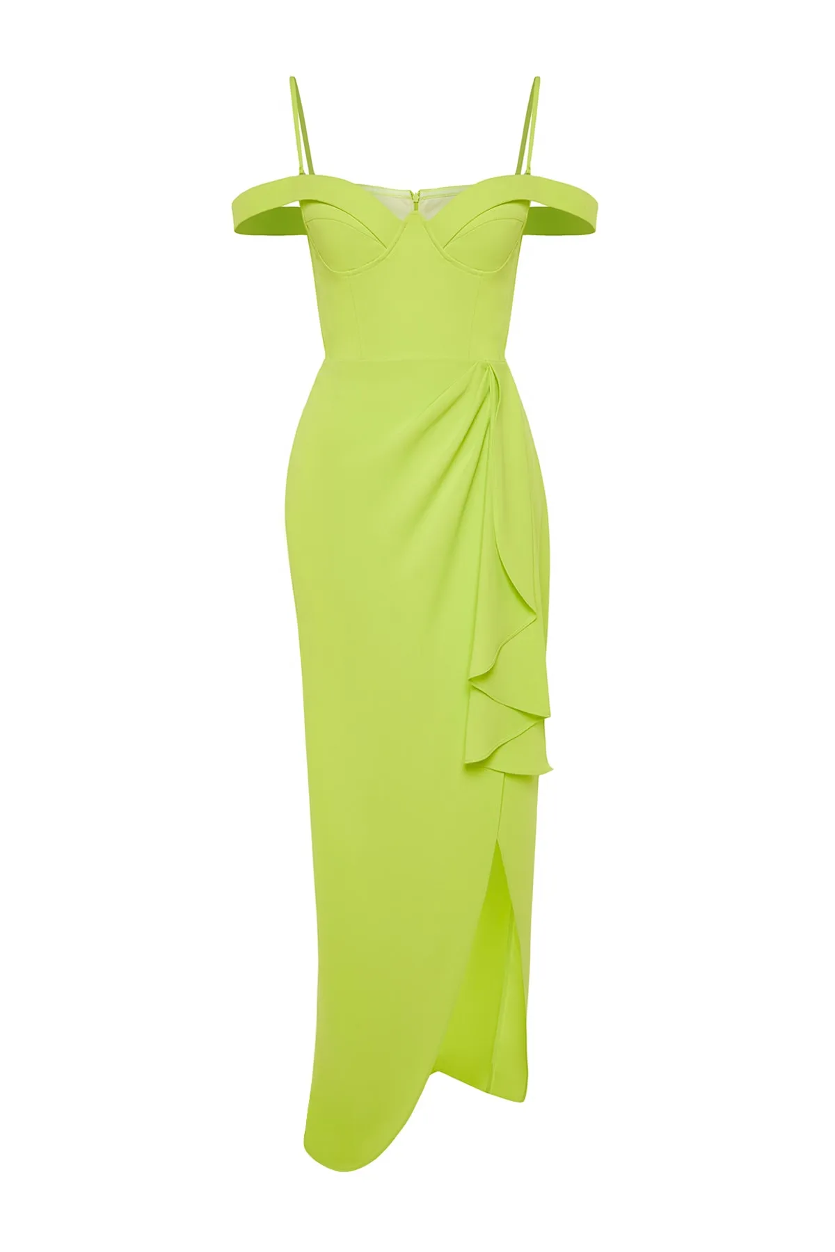 Trendyol Collection  X Zeynep Tosun Hellgrünes Abendkleid und Abschlusskleid mit Volants TCLSS23AE00011