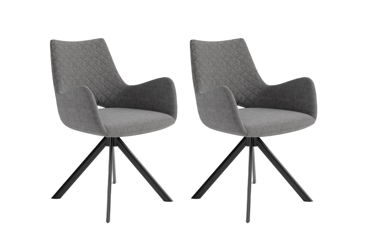 byLiving PORTLAND Stuhl mit Armlehnen, 2er-Set, Metallgestell schwarz pulverbeschichtet, Mikrofaser grau