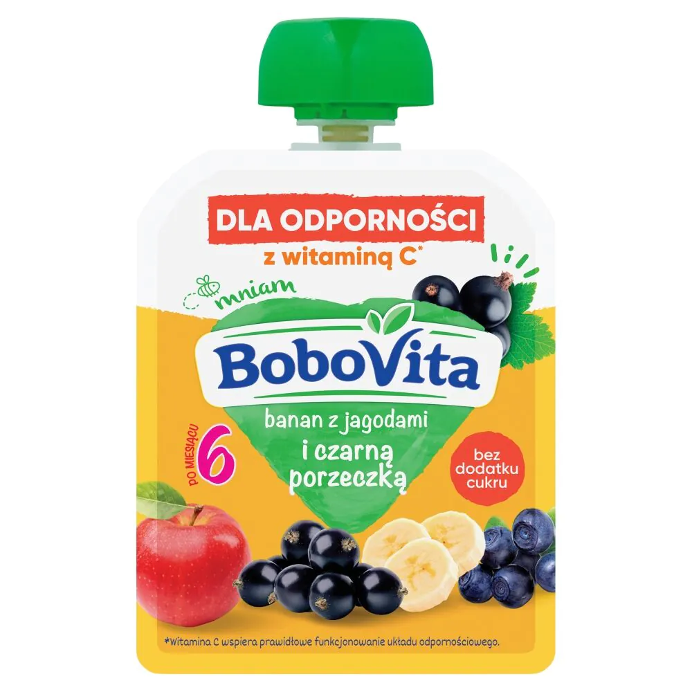 Bobovita bananų, mėlynių ir juodųjų serbentų desertas – bananų desertas su mėlynėmis ir juodaisiais serbentais, 80 g