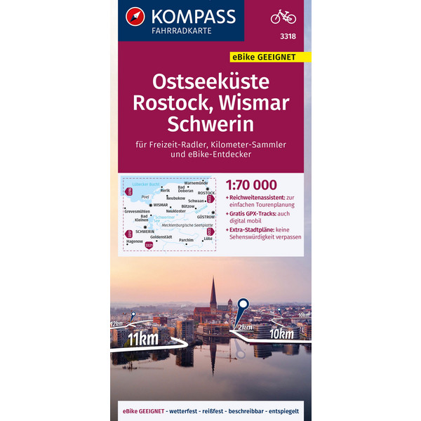 KOMPASS FAHRRADKARTE OSTSEEKÜSTE,ROSTOCK,WISMAR,SCHWERIN