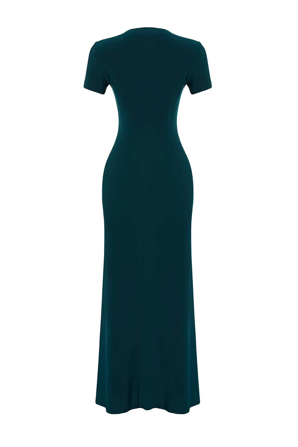 Trendyol Collection  Smaragdgrünes, kurzärmliges, tailliertes Rundhals-Maxi-Bleistiftkleid aus flexiblem Strick TWOSS24EL00097