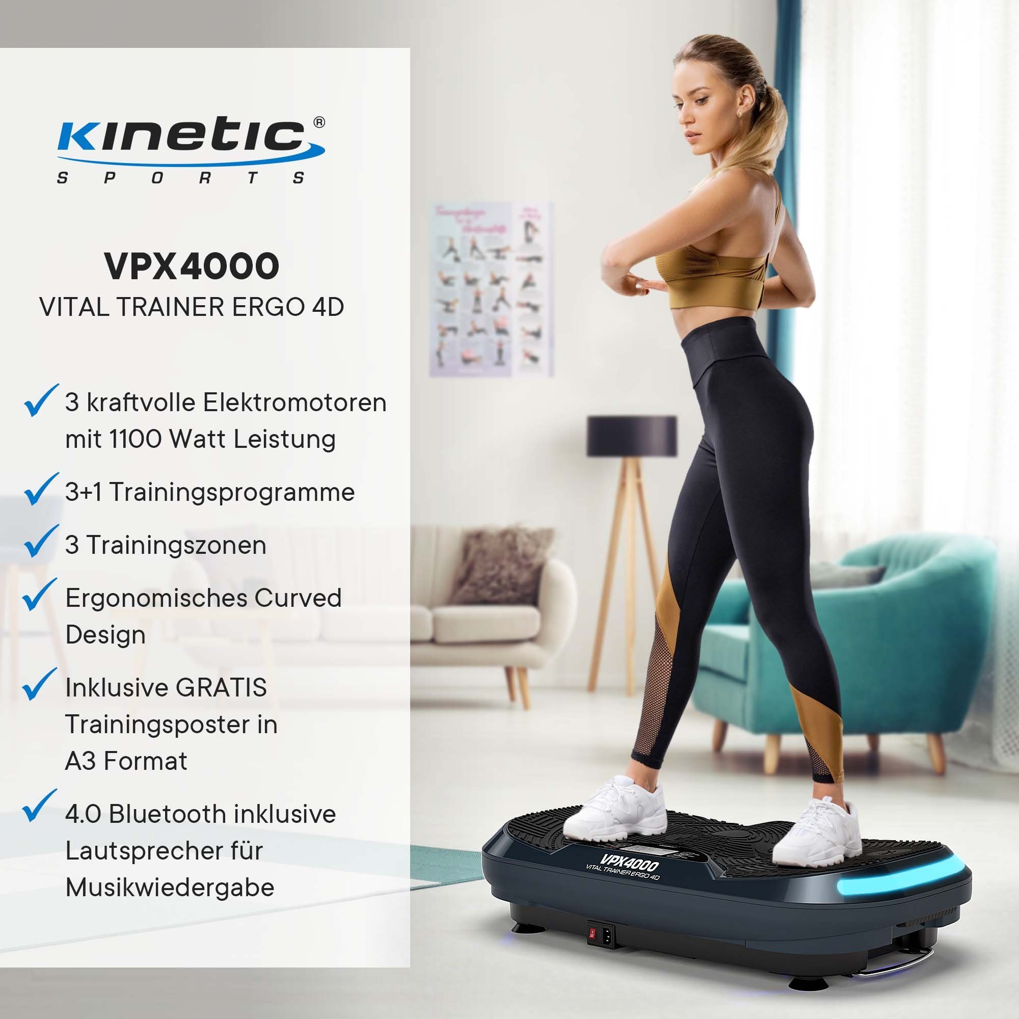 Kinetic Sports Vibrationsplatte VPX4000, 1100,00 W, 288 Intensitätsstufen, (Vibrationsplatte 3 Motoren mit Trainingsbänder und Übungsposter), mit 288 Intensitätsstufen, 3D Vibrationstyp, Leistung 1100 Watt