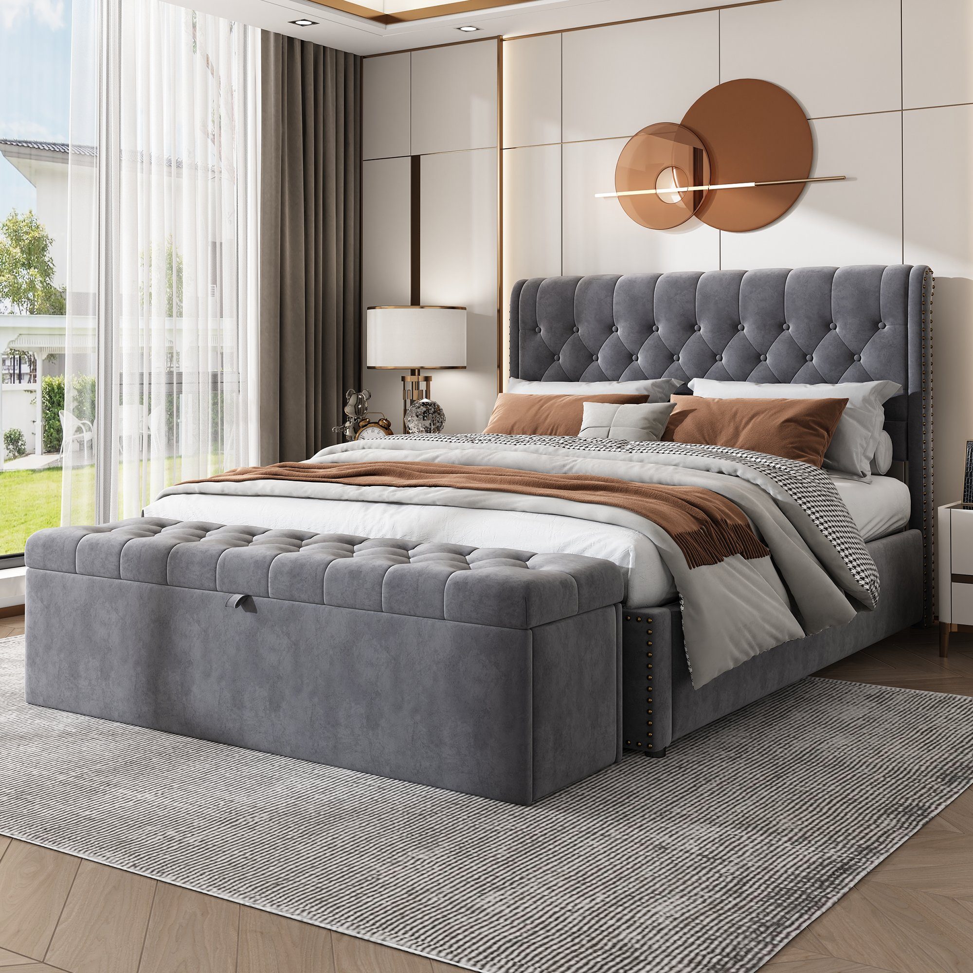 WISHDOR Polsterbett Doppelbett Stauraumbett (grau 138 x 41 x 42 cm), Bank mit Stauraum Betthocker Polsterbank