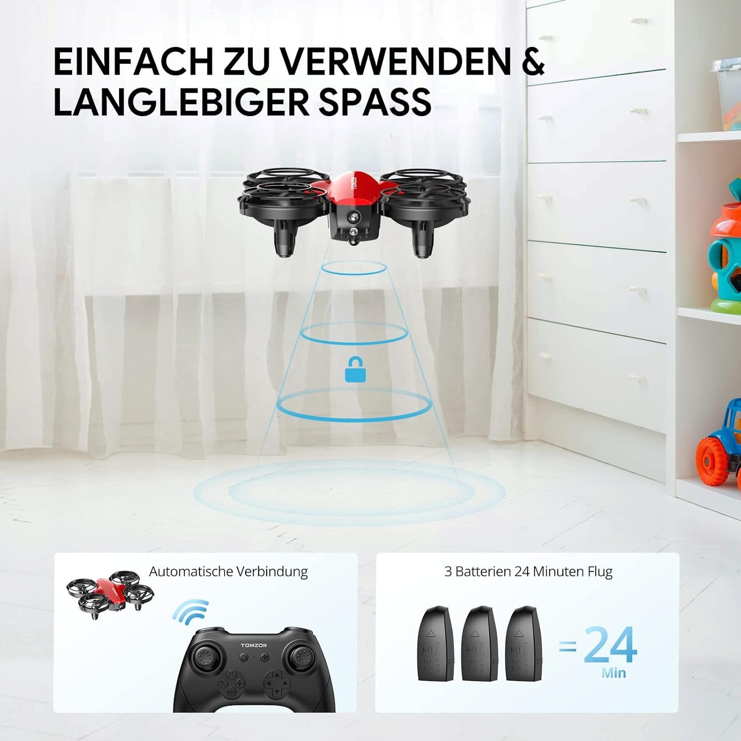 Tomzon mini Drohne für Kinder Anfänger RC Quadrocopter Drohne (mit 24min Lange Flugzeit Kampfdrohne mit 360° Propellerschutz Flugzeug)