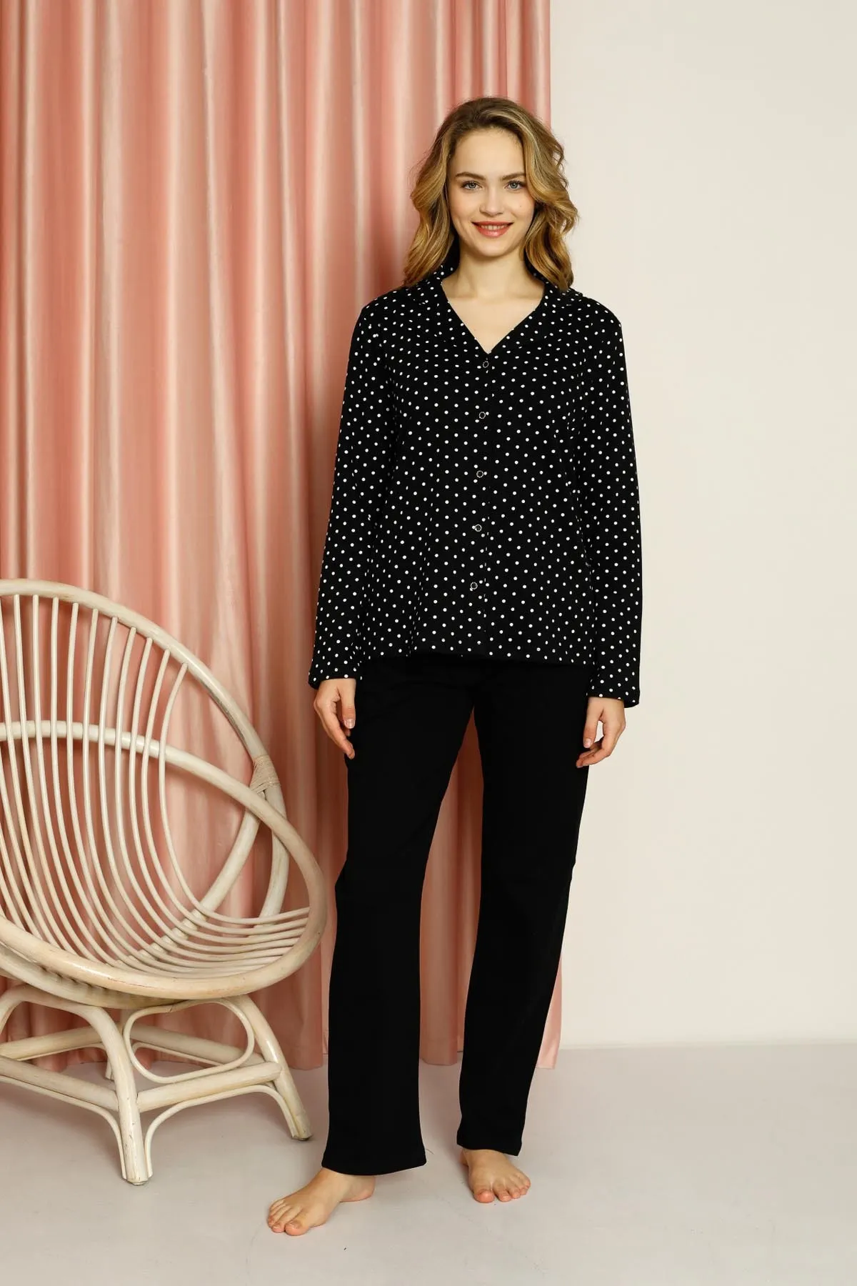 AHENGİM  Pyjama-Set für Damen, Interlock, gepunktet, durchgehend geknöpft, Baumwolle, saisonal, W20512278