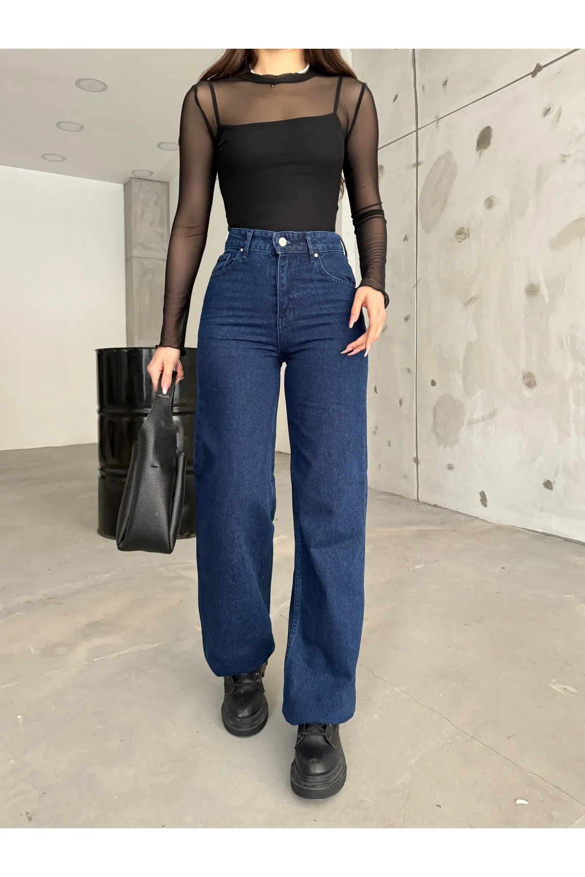 BİKELİFE  Marineblaue Damenjeans mit hohem Bund und dehnbarem Lycra und weitem Bein