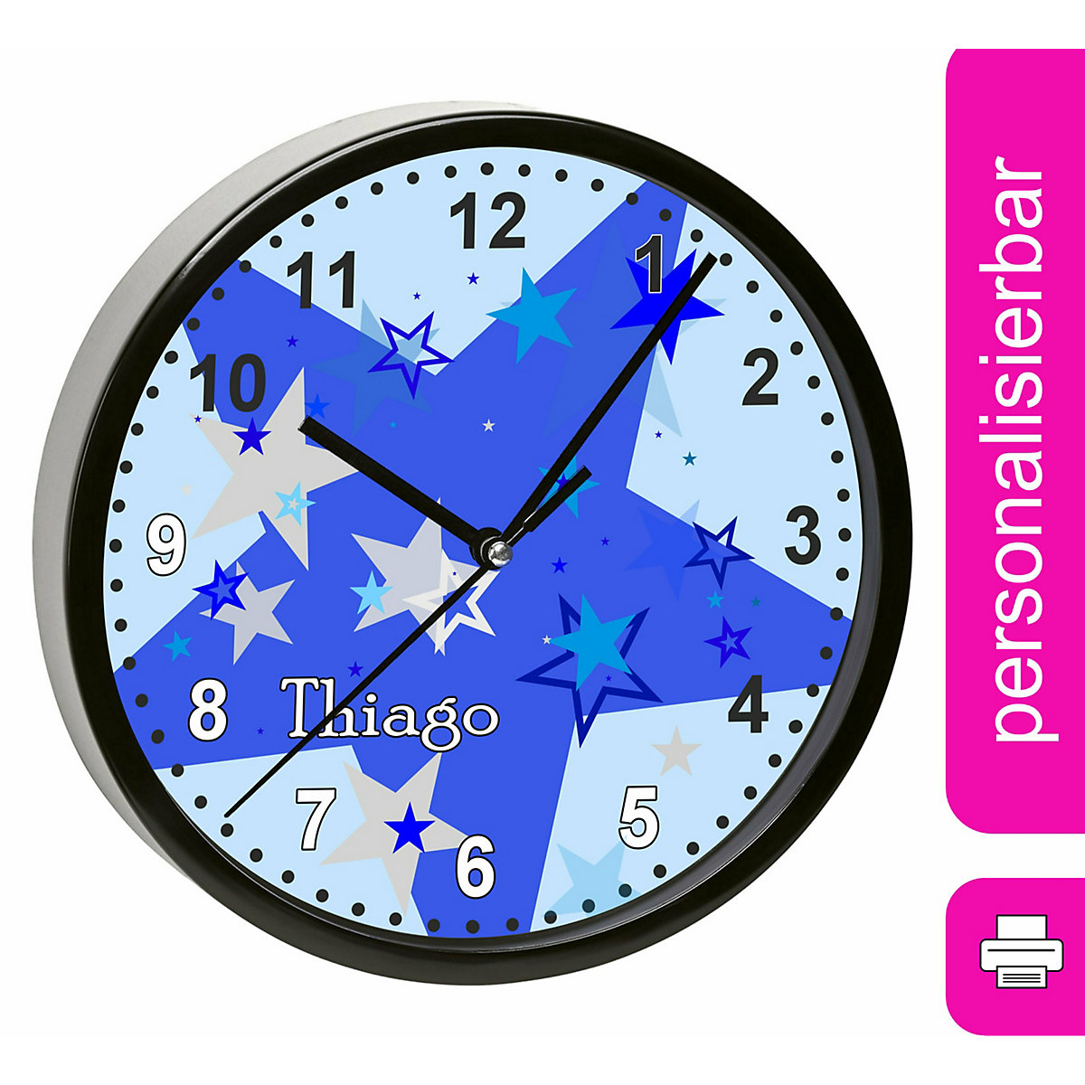 Kinder Wanduhr personalisiert mit Name Sternenhimmel Blau Grau
