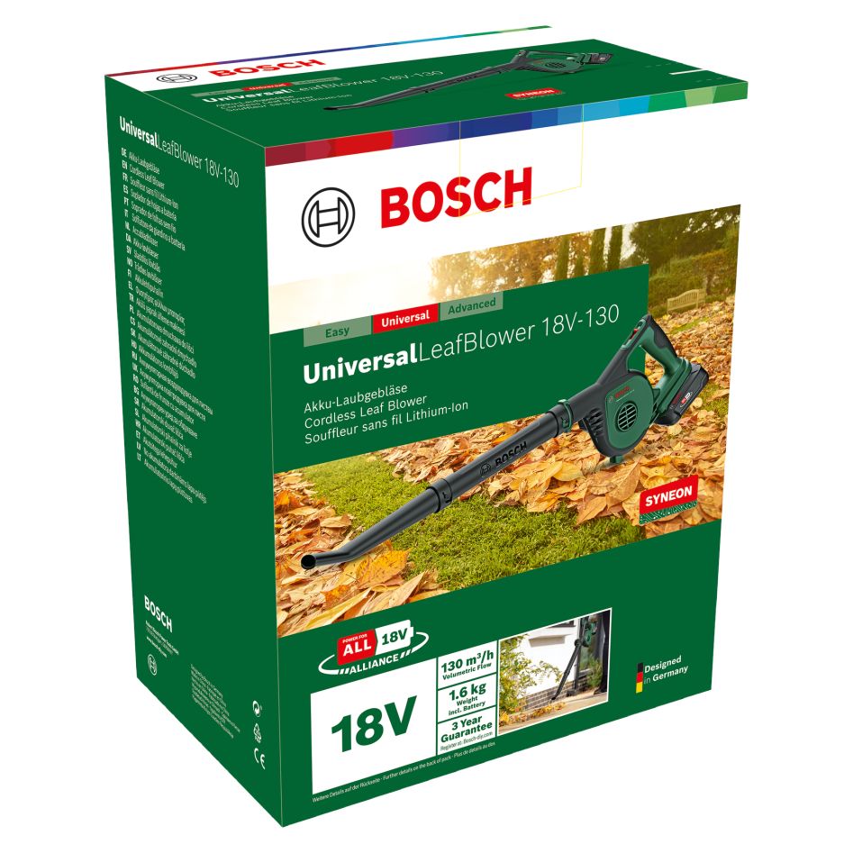 Univerzální foukač listí Bosch Green 06008A0600 18V-130 Akumulátorový foukač listí 1x 2,5 Ah a nabíječka v krabici