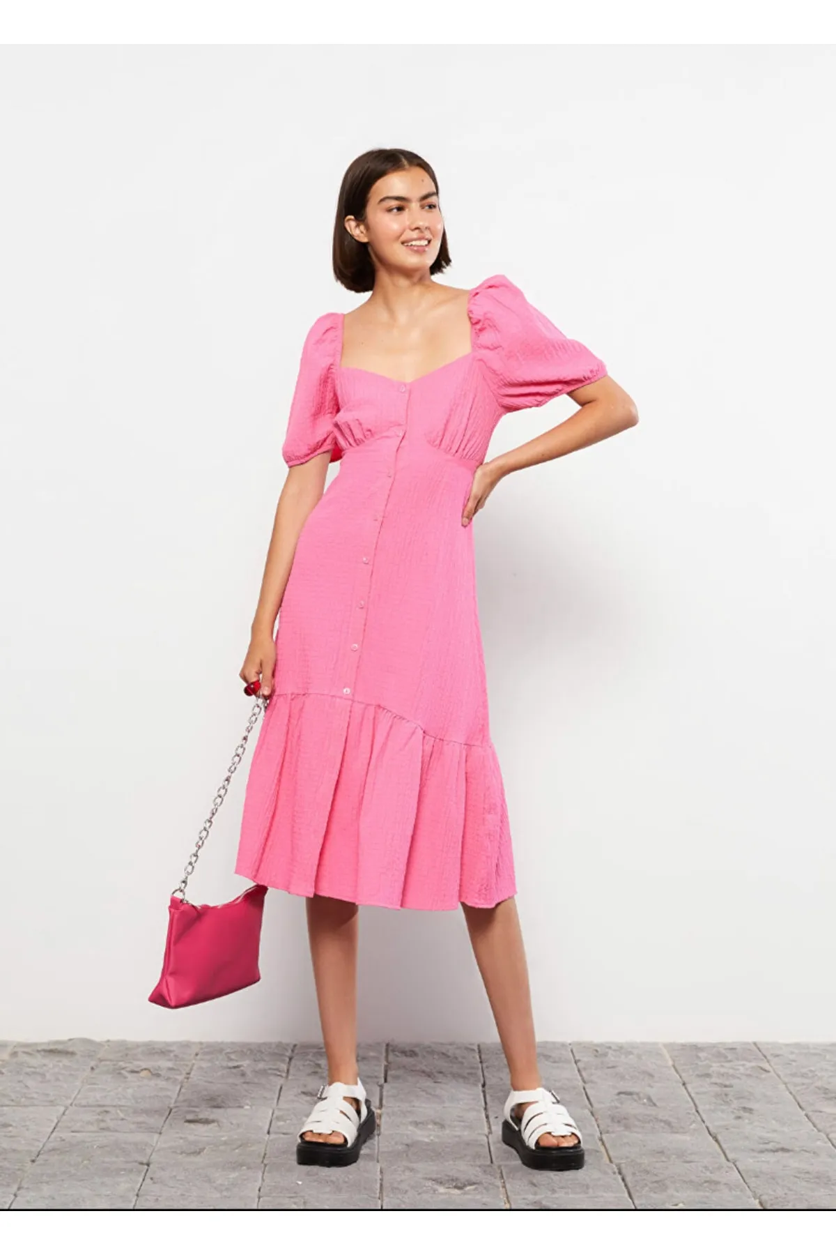 LC Waikiki  Lcw Lässiges, selbstgemustertes Damenkleid mit V-Ausschnitt und Ballonärmeln