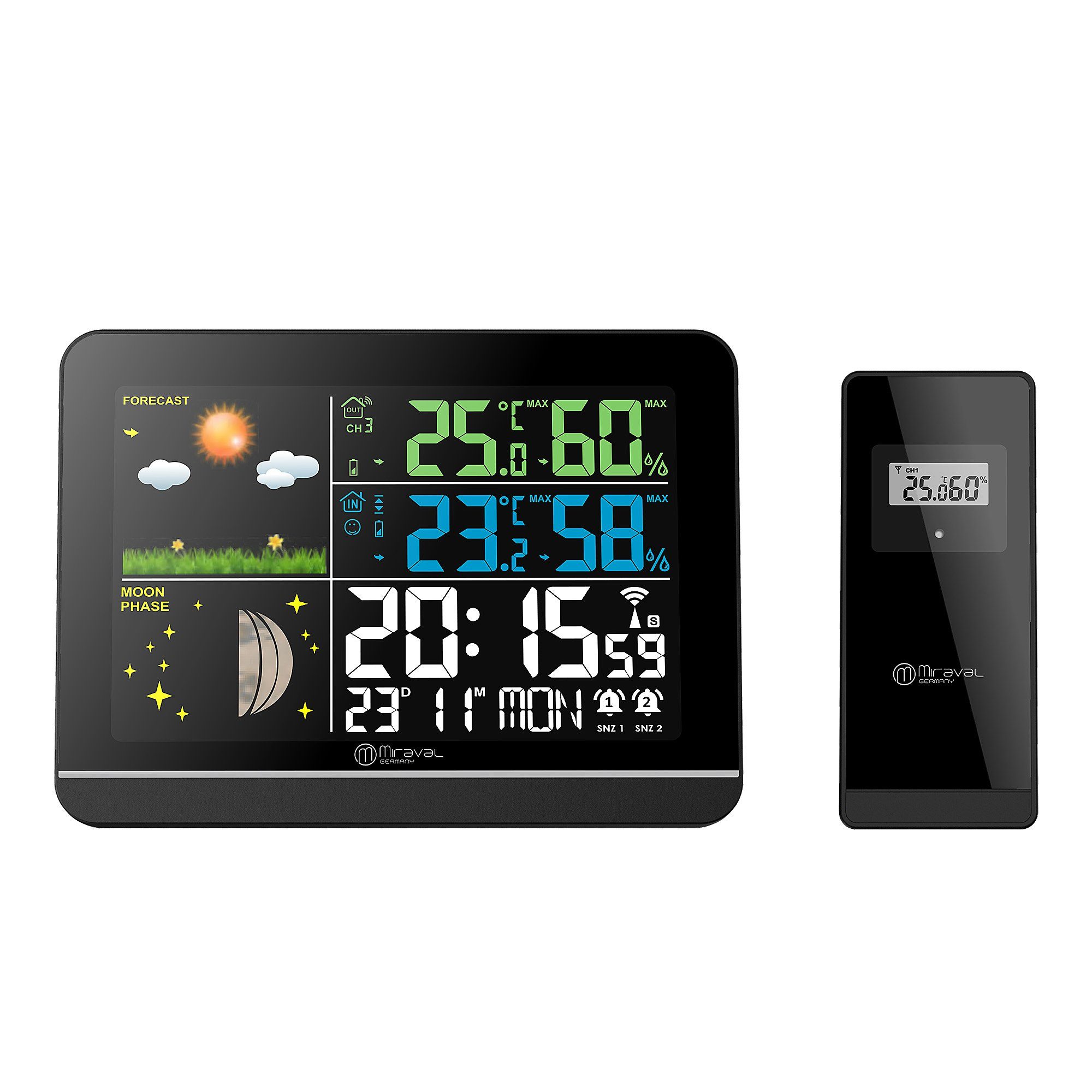 Miraval Miraval Wetterstation Farbdisplay Funkwetterstation (Außensensor Schimmelwarner Datumsanzeige Mondphase Frostalarm Wecker)